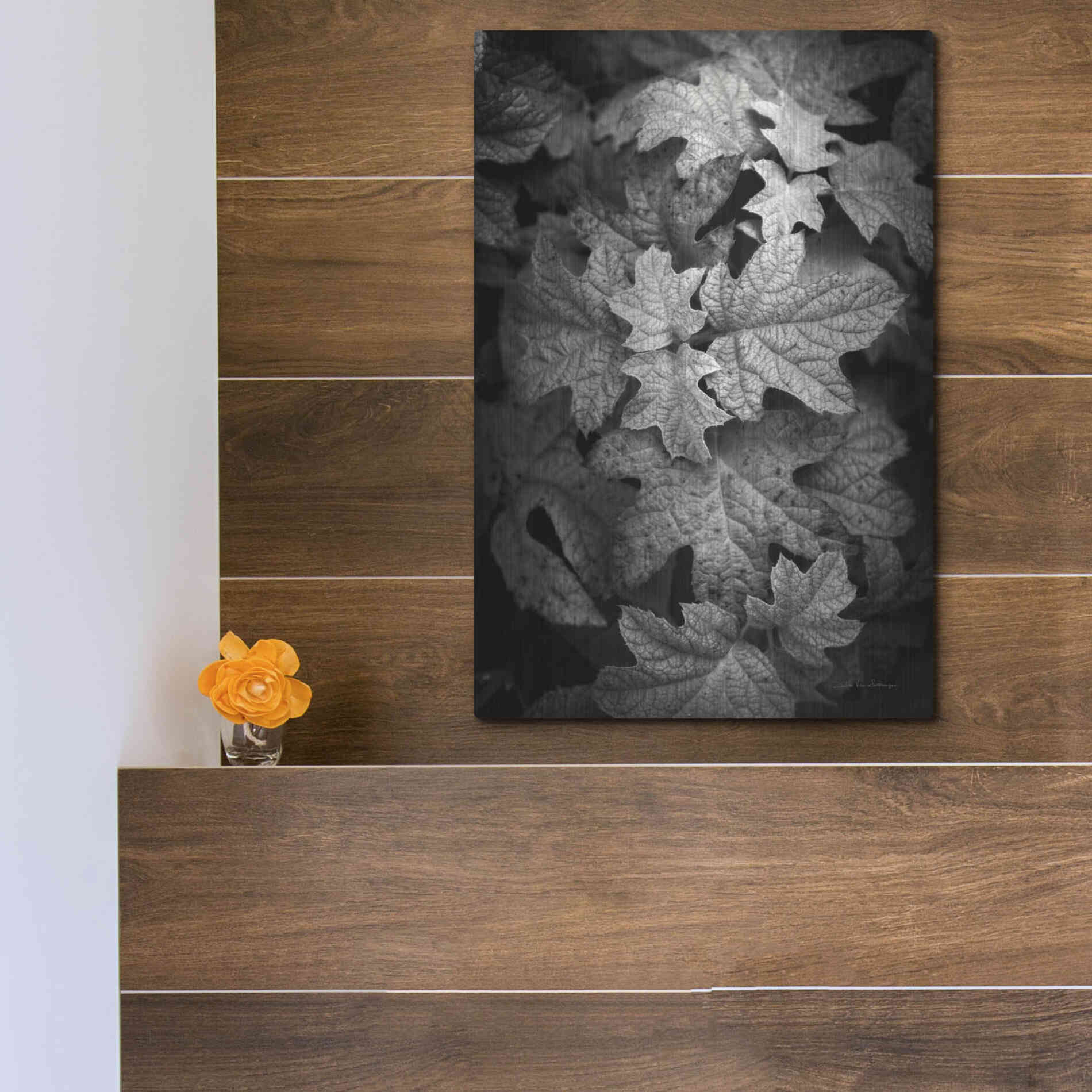Luxe Metal Art 'Hydrangea Leaves in Black and White' by Debra Van Swearingen, Metal Wall Art,12x16