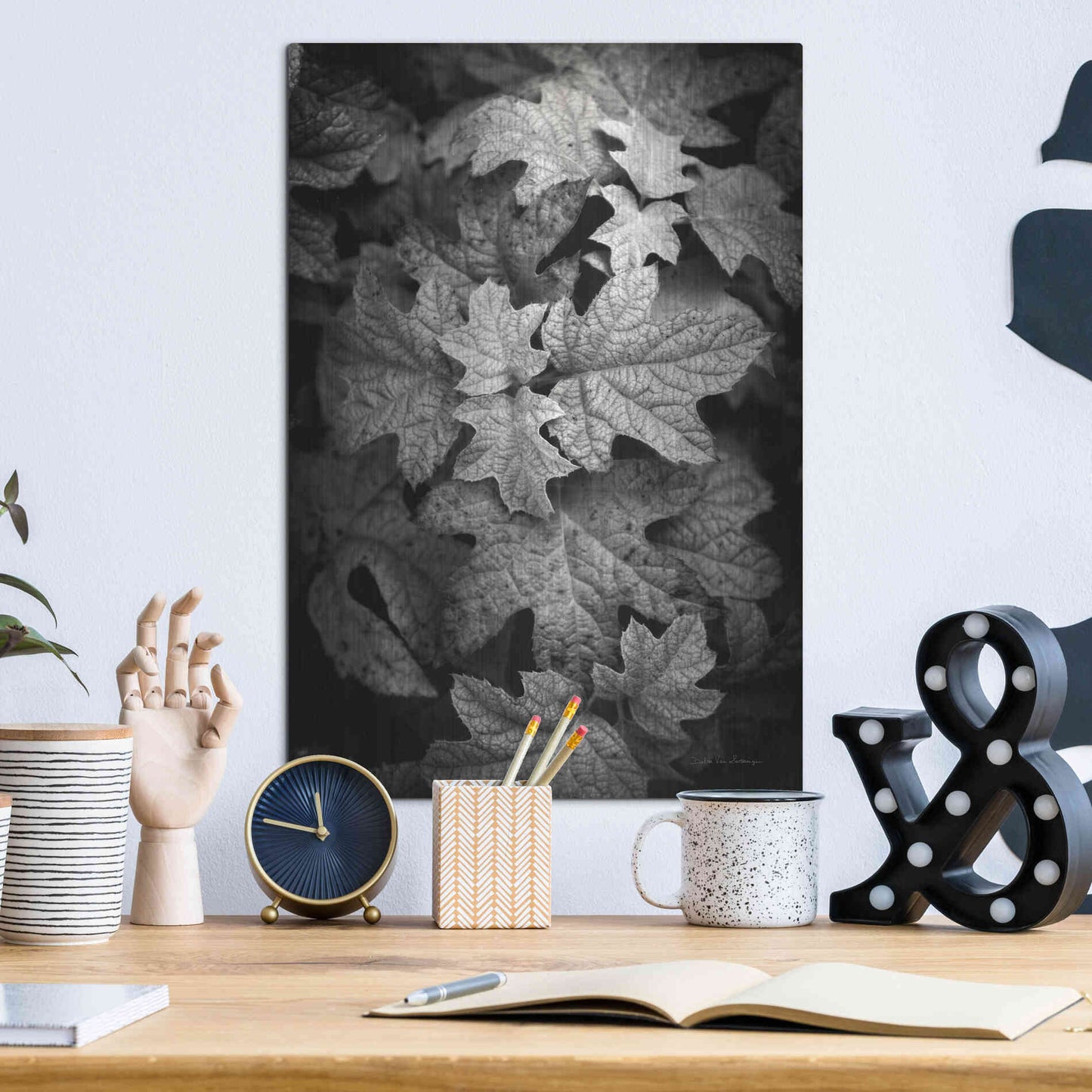 Luxe Metal Art 'Hydrangea Leaves in Black and White' by Debra Van Swearingen, Metal Wall Art,12x16
