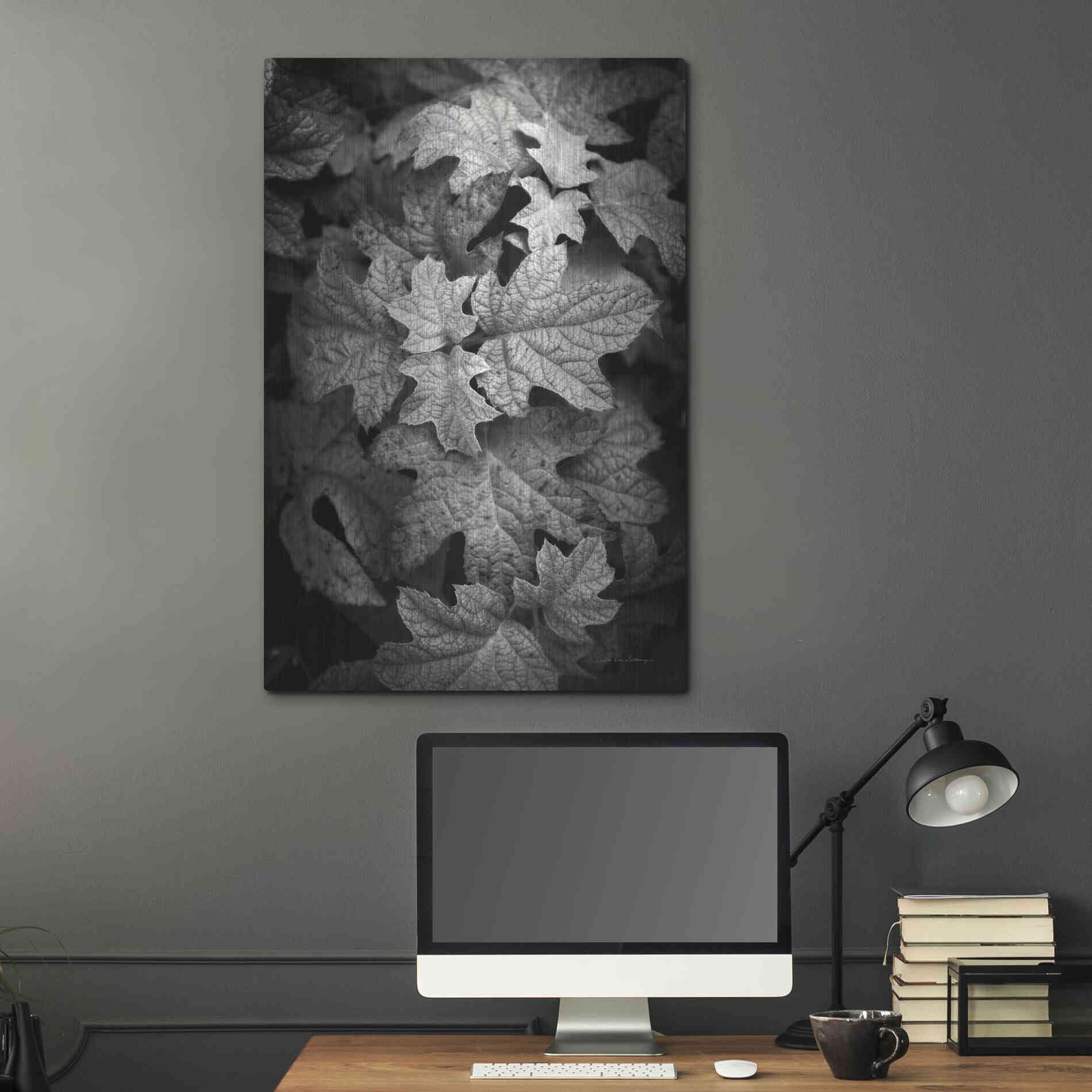 Luxe Metal Art 'Hydrangea Leaves in Black and White' by Debra Van Swearingen, Metal Wall Art,24x36