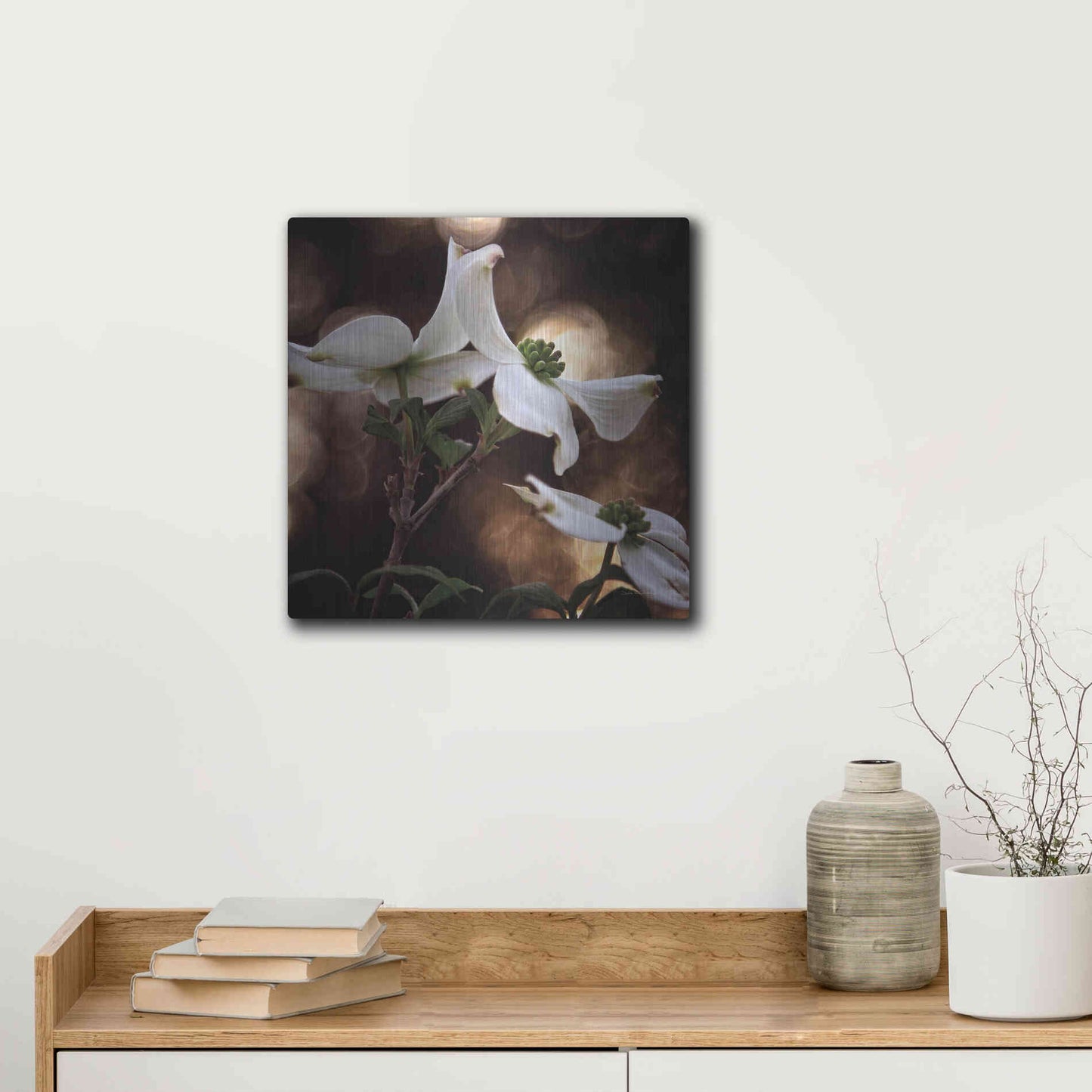 Luxe Metal Art 'White Dogwood I' by Debra Van Swearingen, Metal Wall Art,12x12