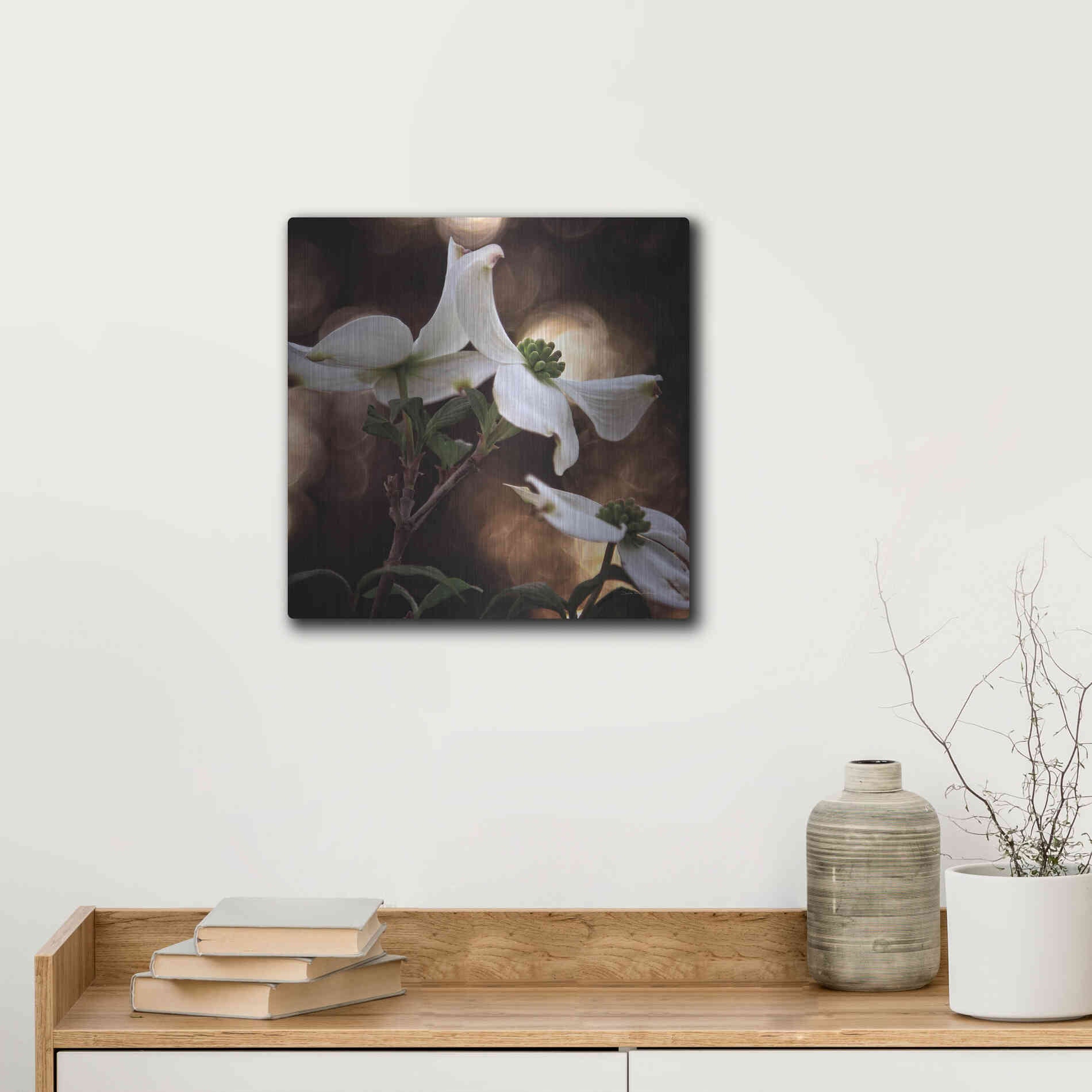 Luxe Metal Art 'White Dogwood I' by Debra Van Swearingen, Metal Wall Art,12x12