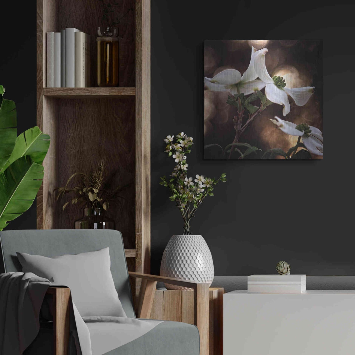 Luxe Metal Art 'White Dogwood I' by Debra Van Swearingen, Metal Wall Art,24x24