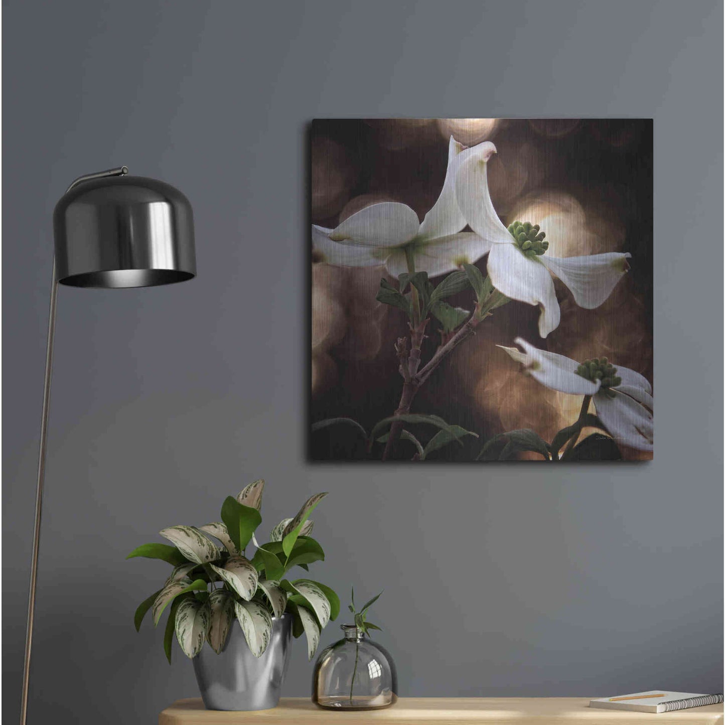 Luxe Metal Art 'White Dogwood I' by Debra Van Swearingen, Metal Wall Art,24x24