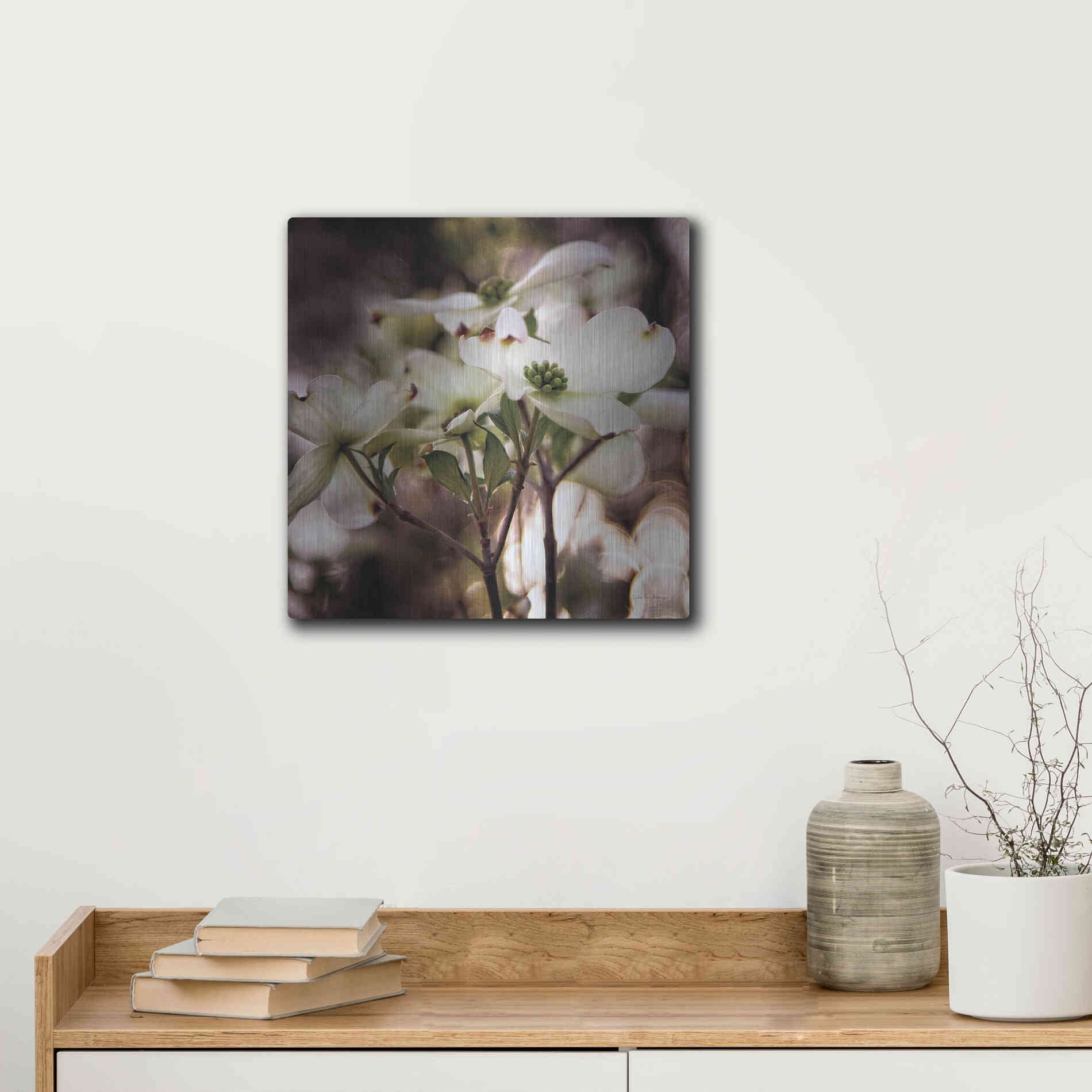 Luxe Metal Art 'White Dogwood II' by Debra Van Swearingen, Metal Wall Art,12x12