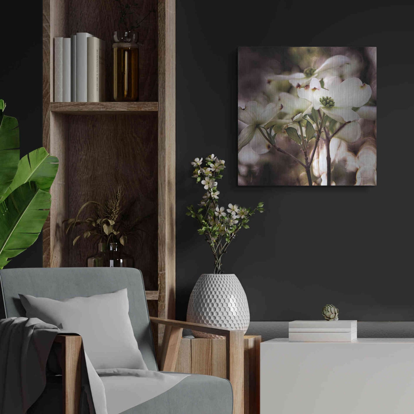 Luxe Metal Art 'White Dogwood II' by Debra Van Swearingen, Metal Wall Art,24x24