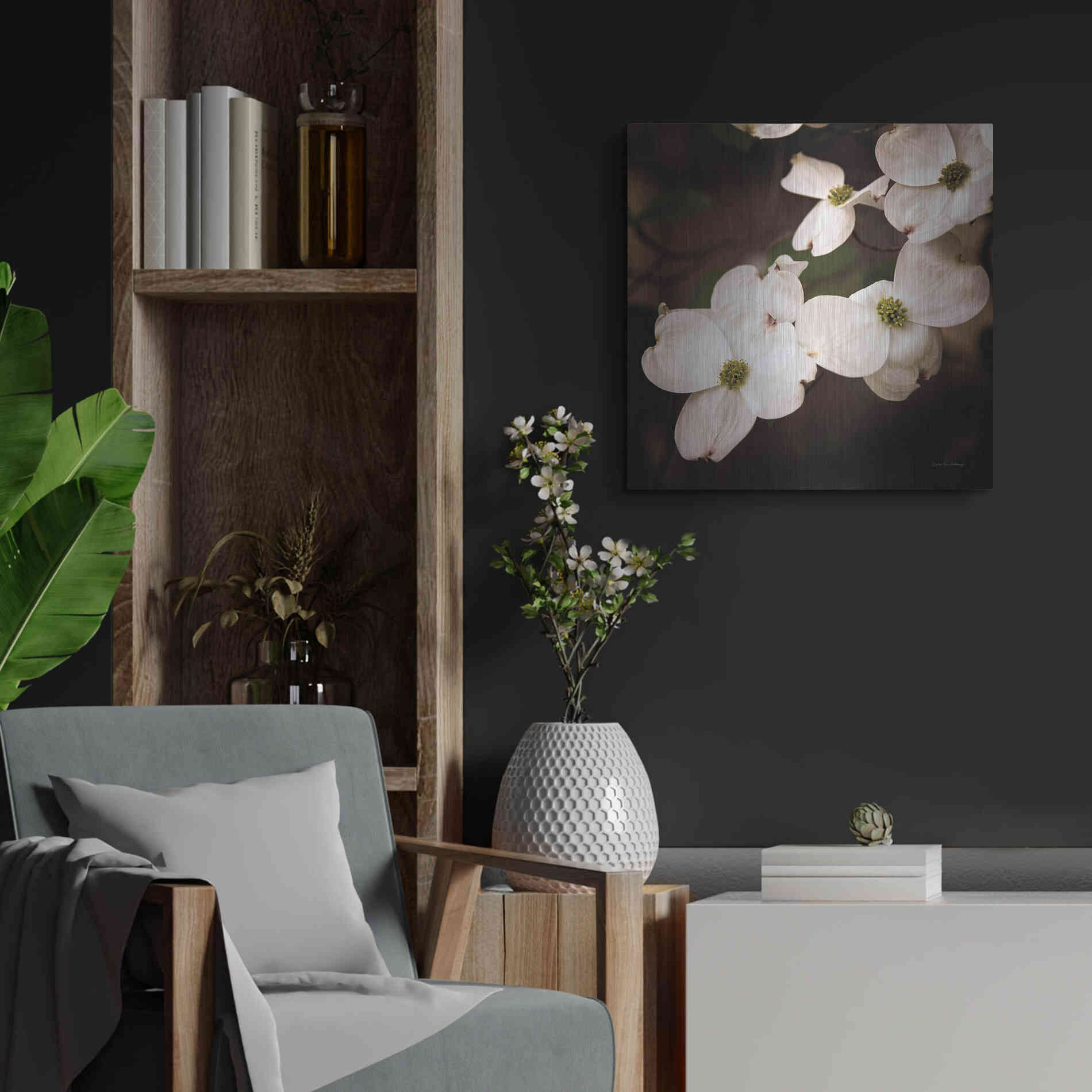 Luxe Metal Art 'White Dogwood III' by Debra Van Swearingen, Metal Wall Art,24x24