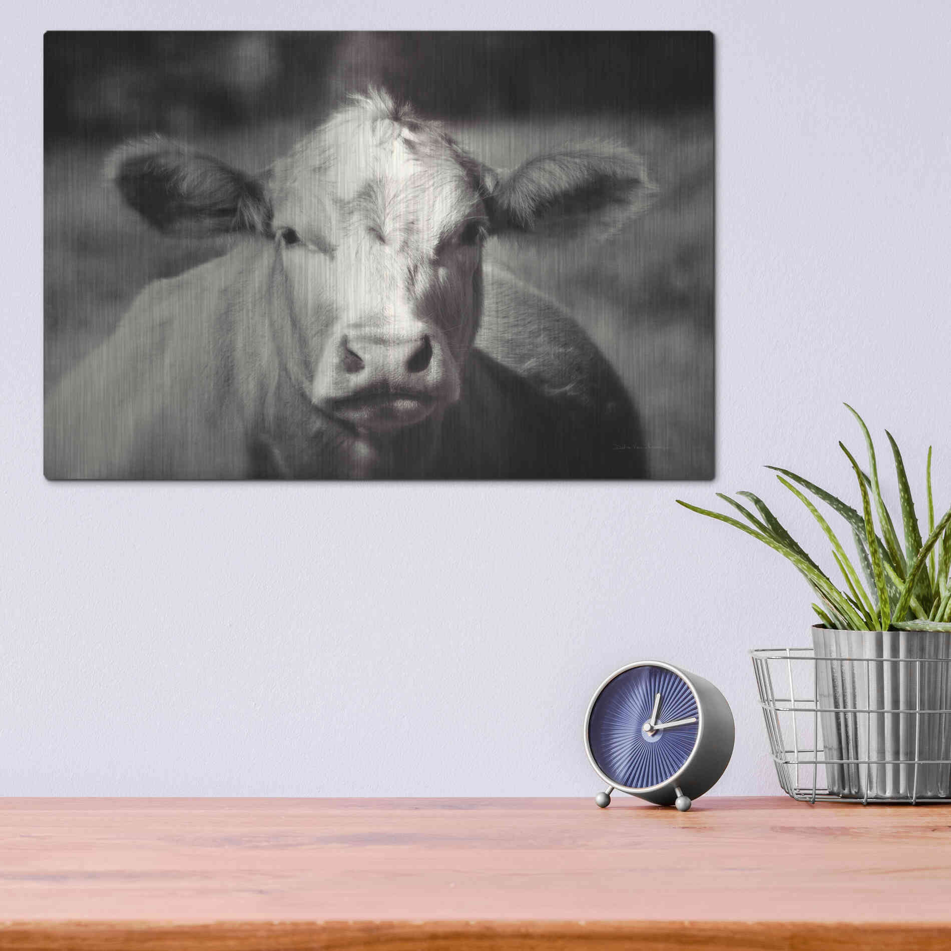 Luxe Metal Art 'Pasture Cow' by Debra Van Swearingen, Metal Wall Art,16x12