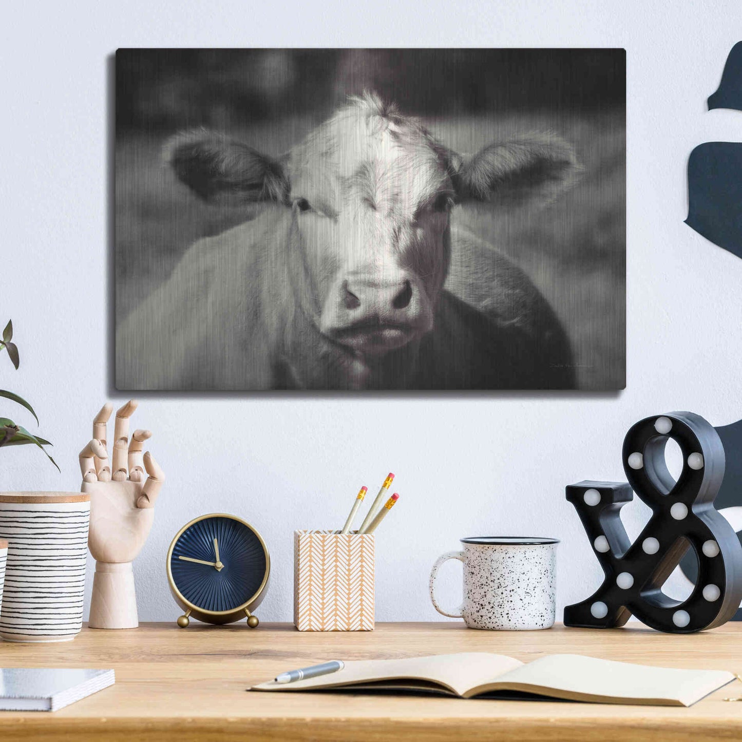 Luxe Metal Art 'Pasture Cow' by Debra Van Swearingen, Metal Wall Art,16x12