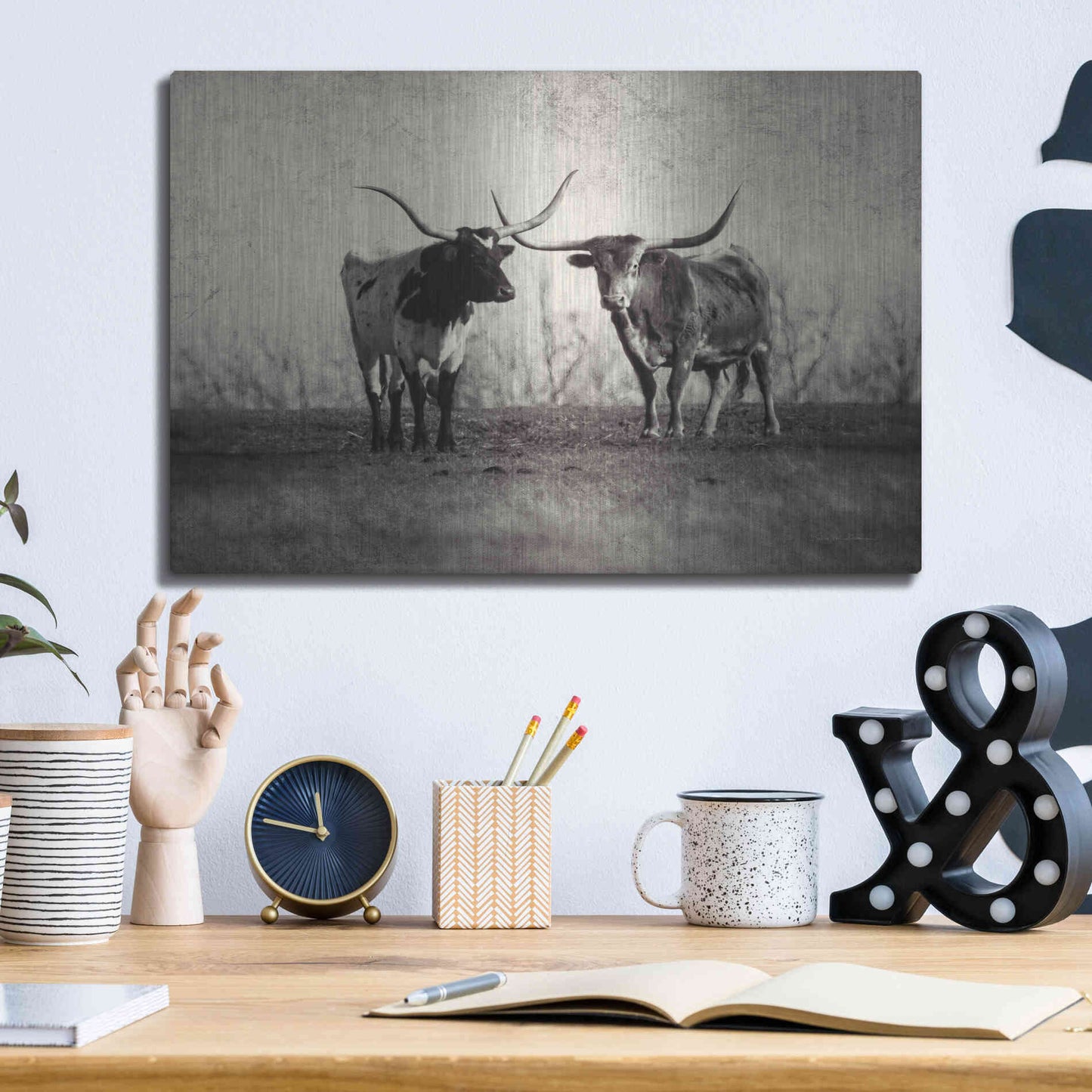 Luxe Metal Art 'Texas Longhorns' by Debra Van Swearingen, Metal Wall Art,16x12