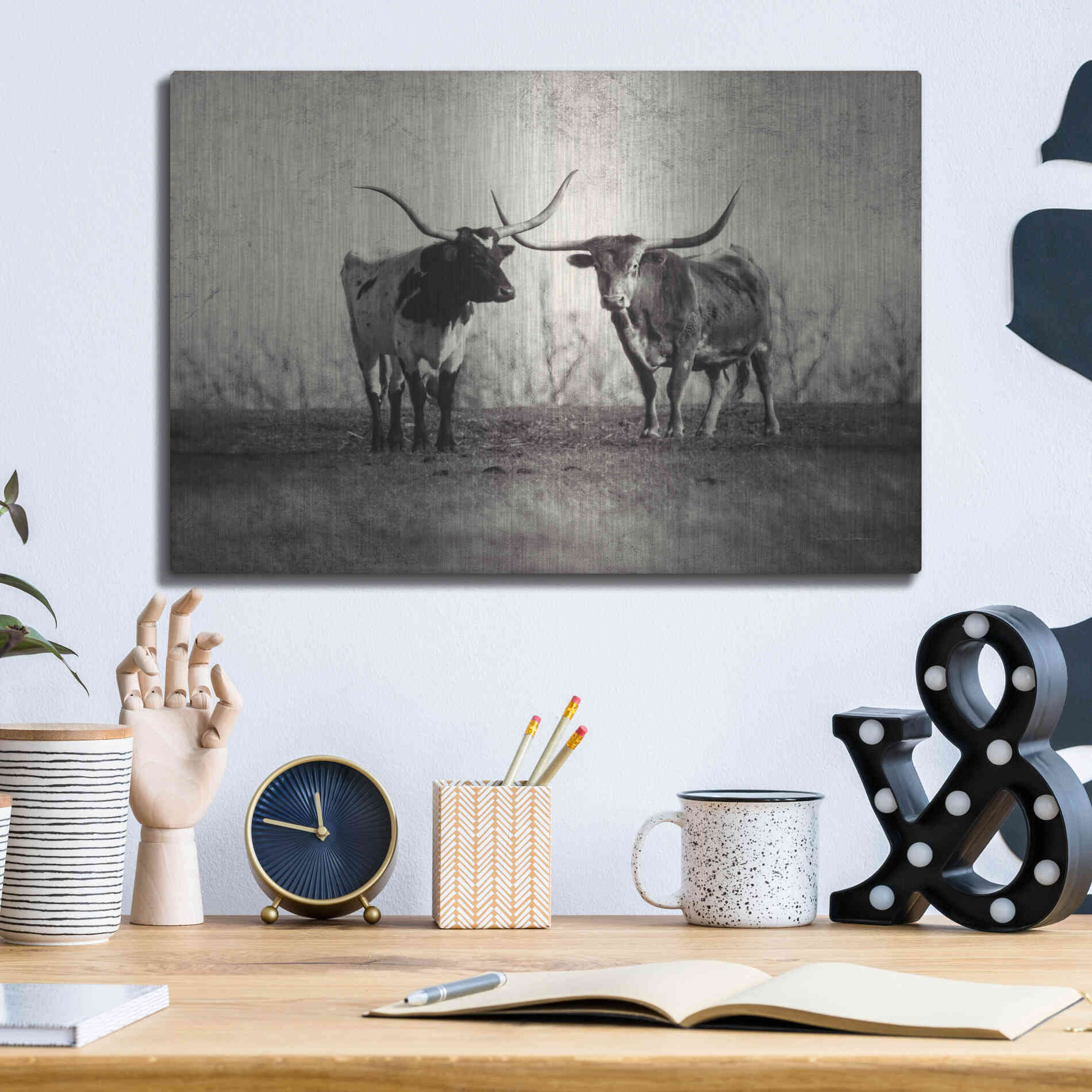 Luxe Metal Art 'Texas Longhorns' by Debra Van Swearingen, Metal Wall Art,16x12