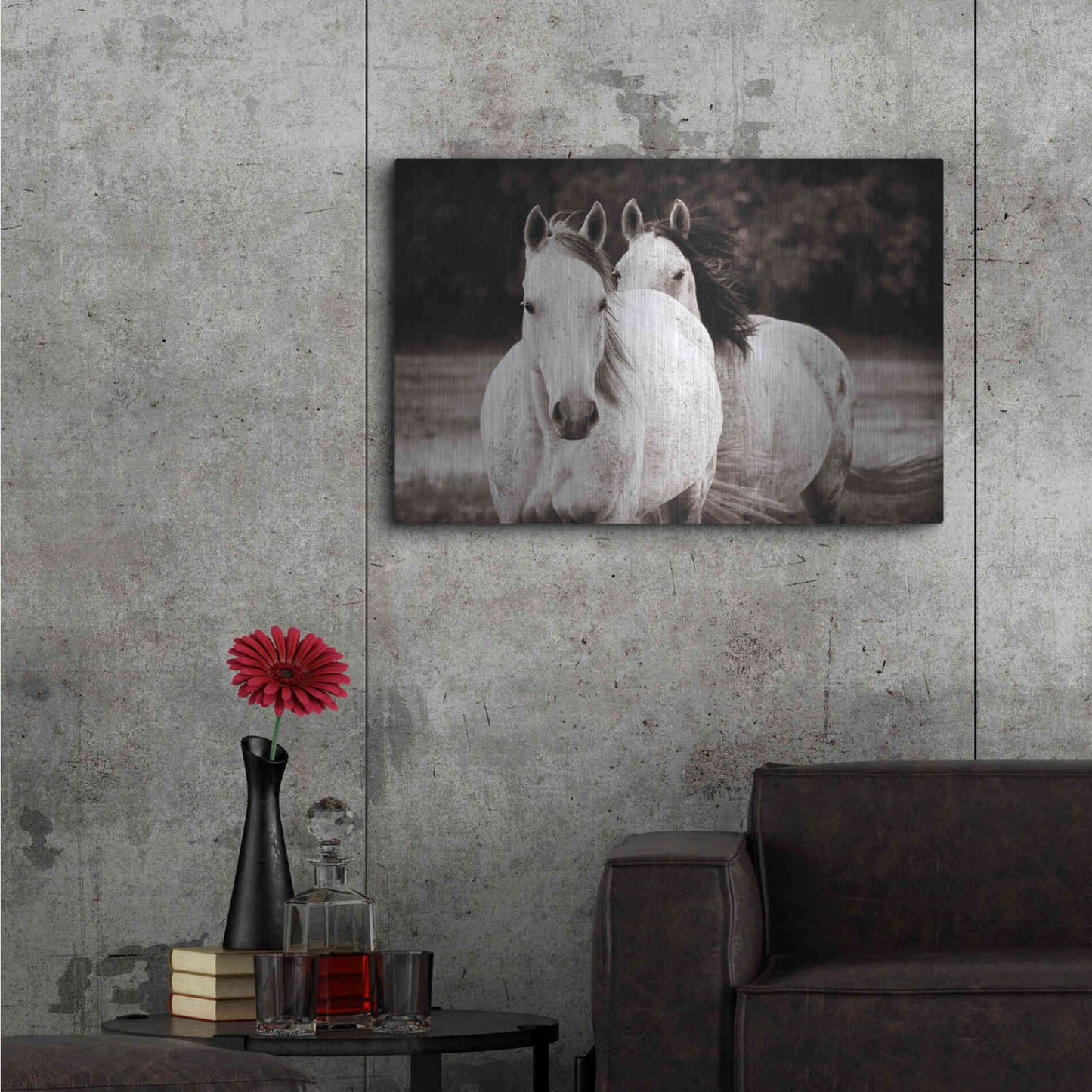 Luxe Metal Art 'Two Wild Horses Sepia' by Debra Van Swearingen, Metal Wall Art,36x24