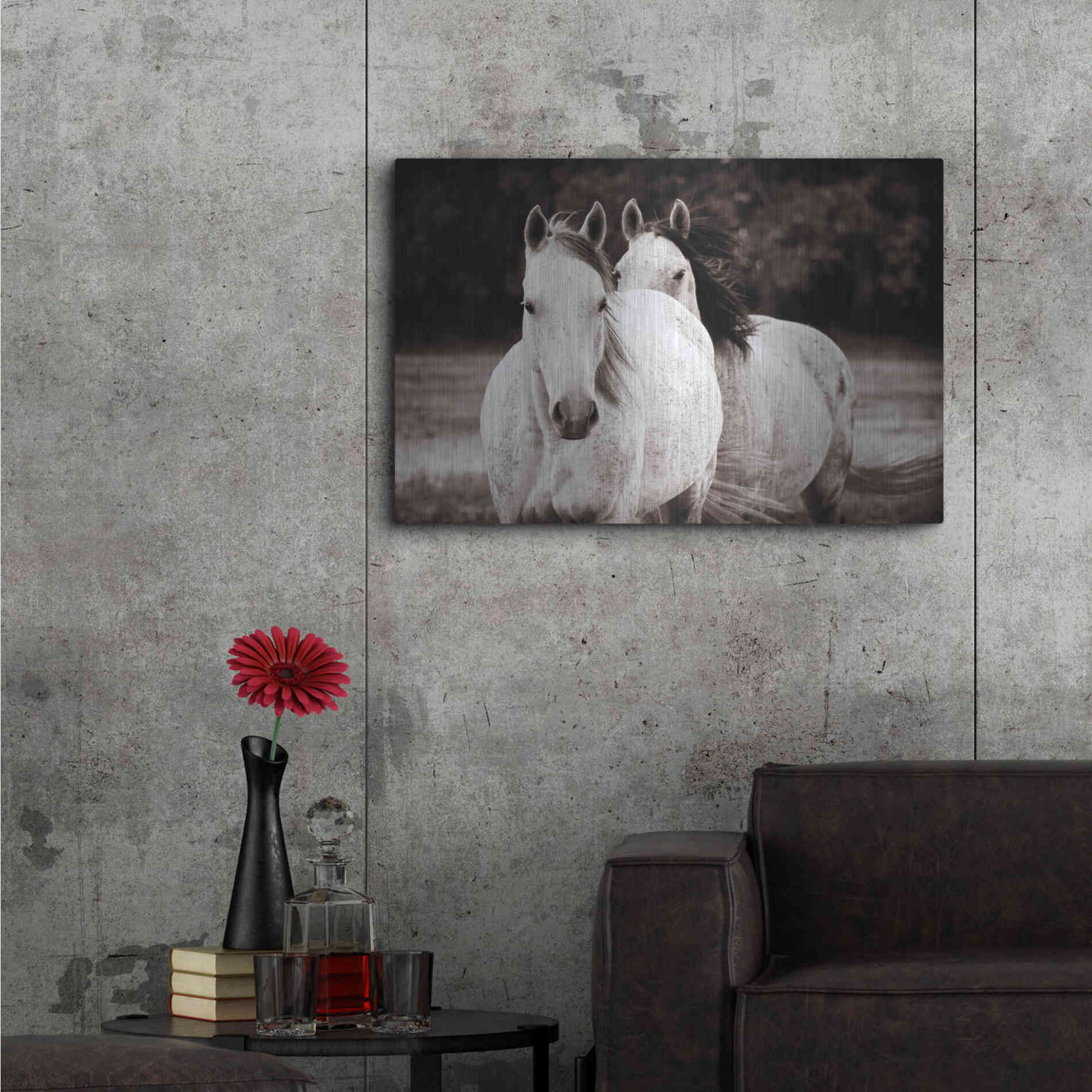 Luxe Metal Art 'Two Wild Horses Sepia' by Debra Van Swearingen, Metal Wall Art,36x24