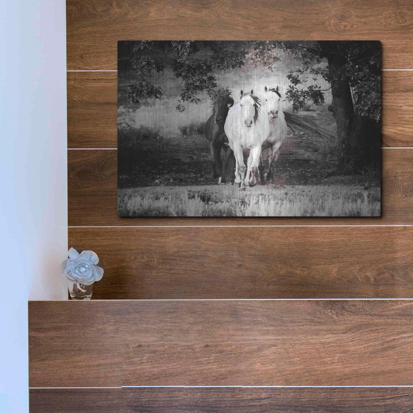 Luxe Metal Art 'Three Wild Horses Sepia' by Debra Van Swearingen, Metal Wall Art,16x12