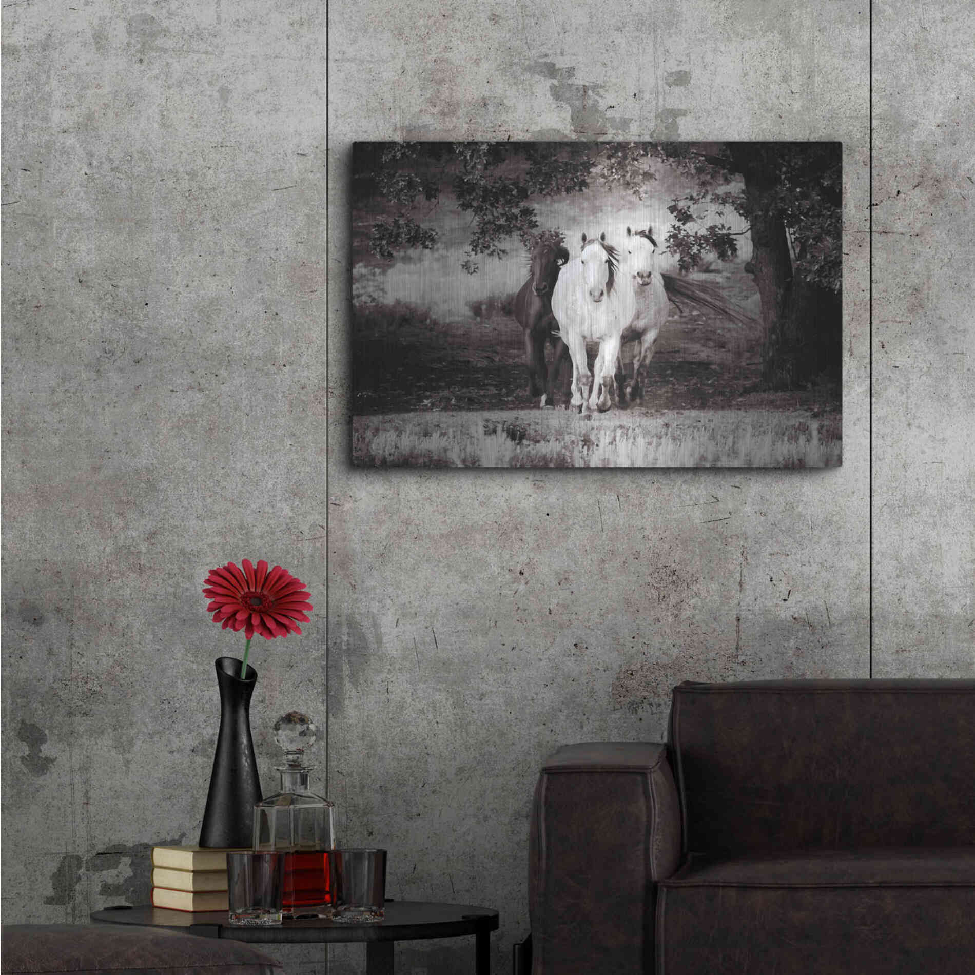 Luxe Metal Art 'Three Wild Horses Sepia' by Debra Van Swearingen, Metal Wall Art,36x24