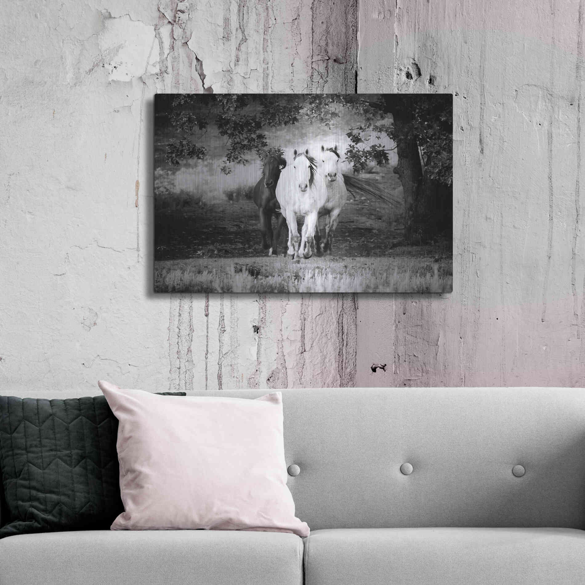 Luxe Metal Art 'Three Wild Horses BW' by Debra Van Swearingen, Metal Wall Art,36x24