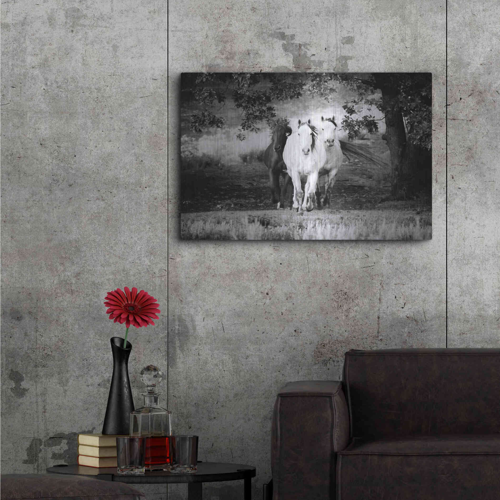 Luxe Metal Art 'Three Wild Horses BW' by Debra Van Swearingen, Metal Wall Art,36x24