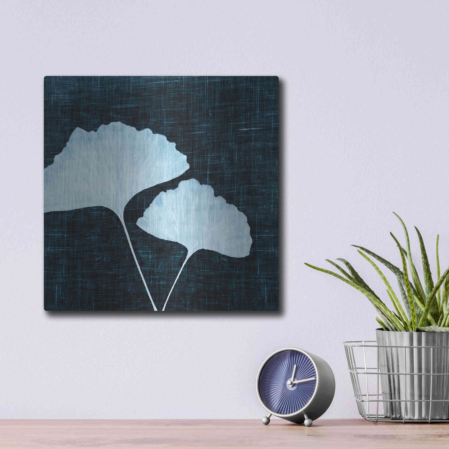 Luxe Metal Art 'Leaves on Linen I' by Debra Van Swearingen, Metal Wall Art,12x12