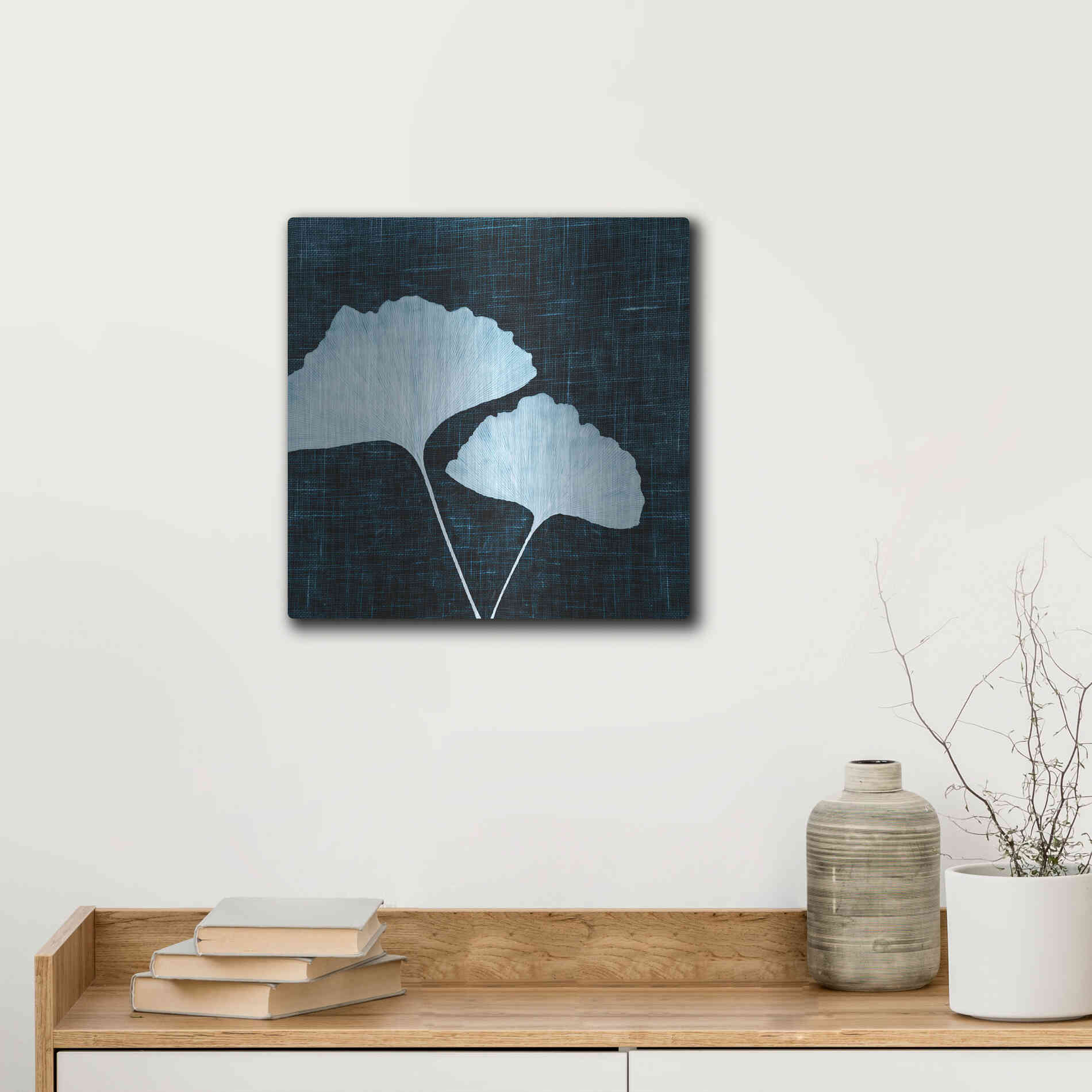 Luxe Metal Art 'Leaves on Linen I' by Debra Van Swearingen, Metal Wall Art,12x12