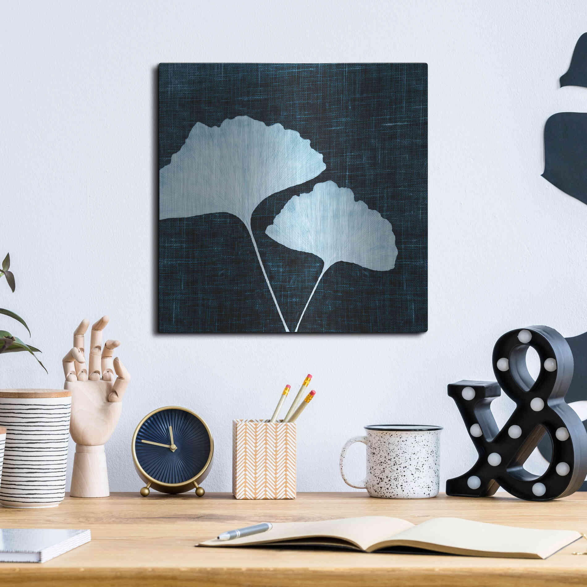 Luxe Metal Art 'Leaves on Linen I' by Debra Van Swearingen, Metal Wall Art,12x12