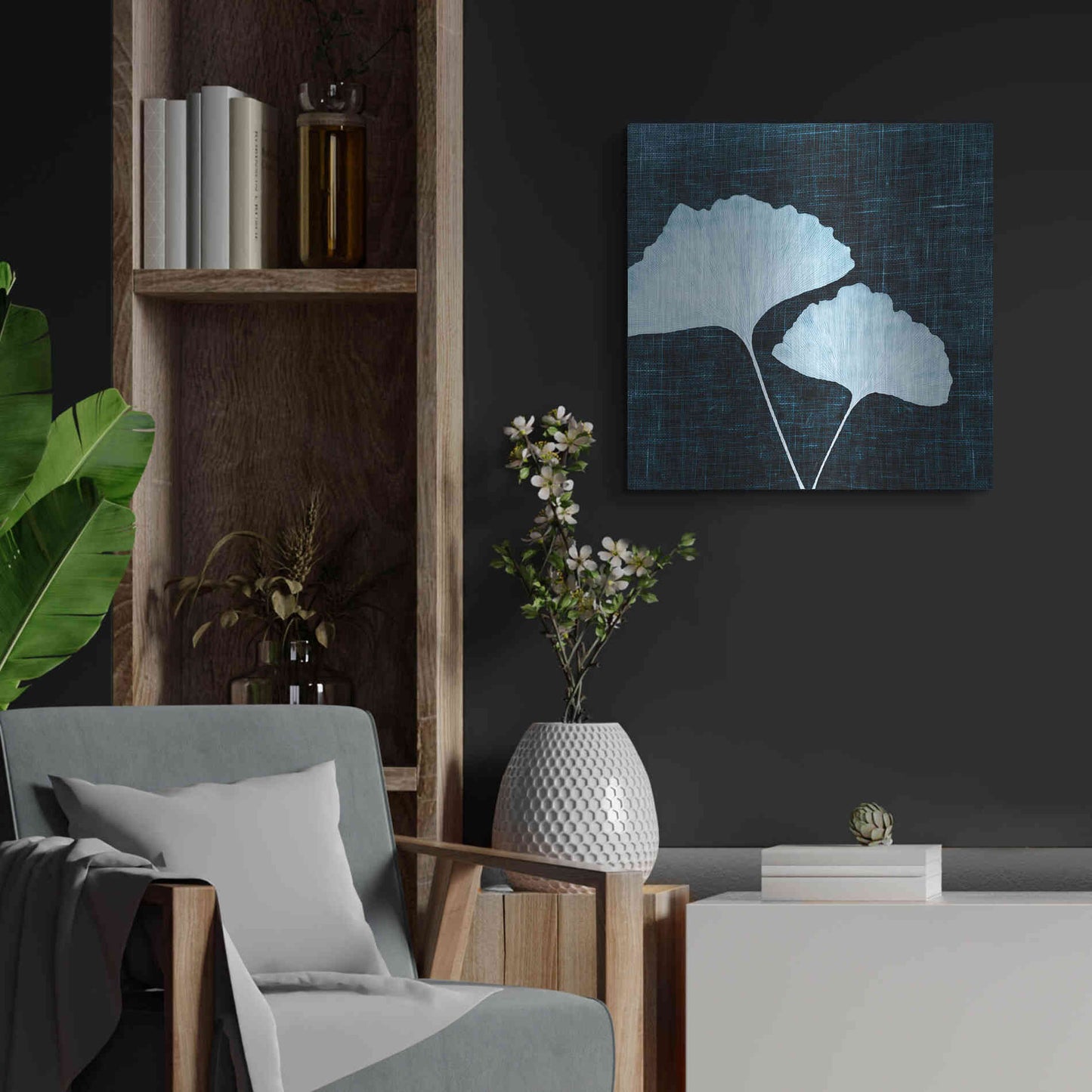 Luxe Metal Art 'Leaves on Linen I' by Debra Van Swearingen, Metal Wall Art,24x24