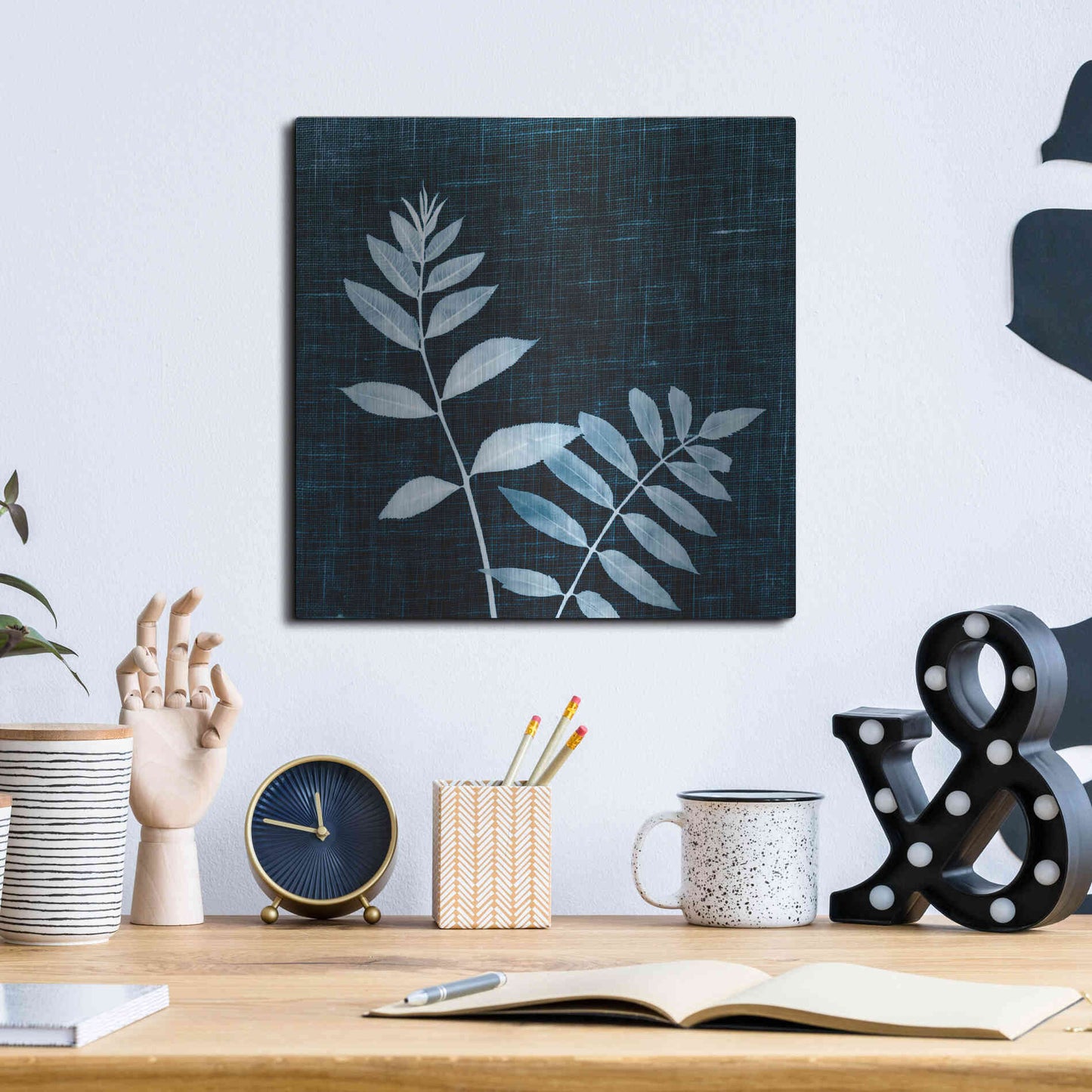 Luxe Metal Art 'Leaves on Linen II' by Debra Van Swearingen, Metal Wall Art,12x12