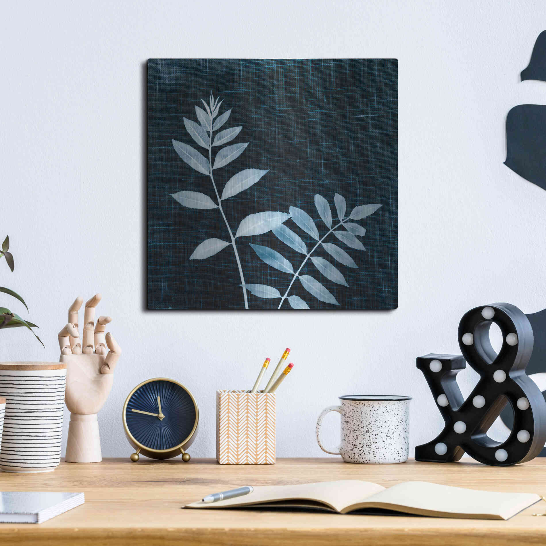 Luxe Metal Art 'Leaves on Linen II' by Debra Van Swearingen, Metal Wall Art,12x12