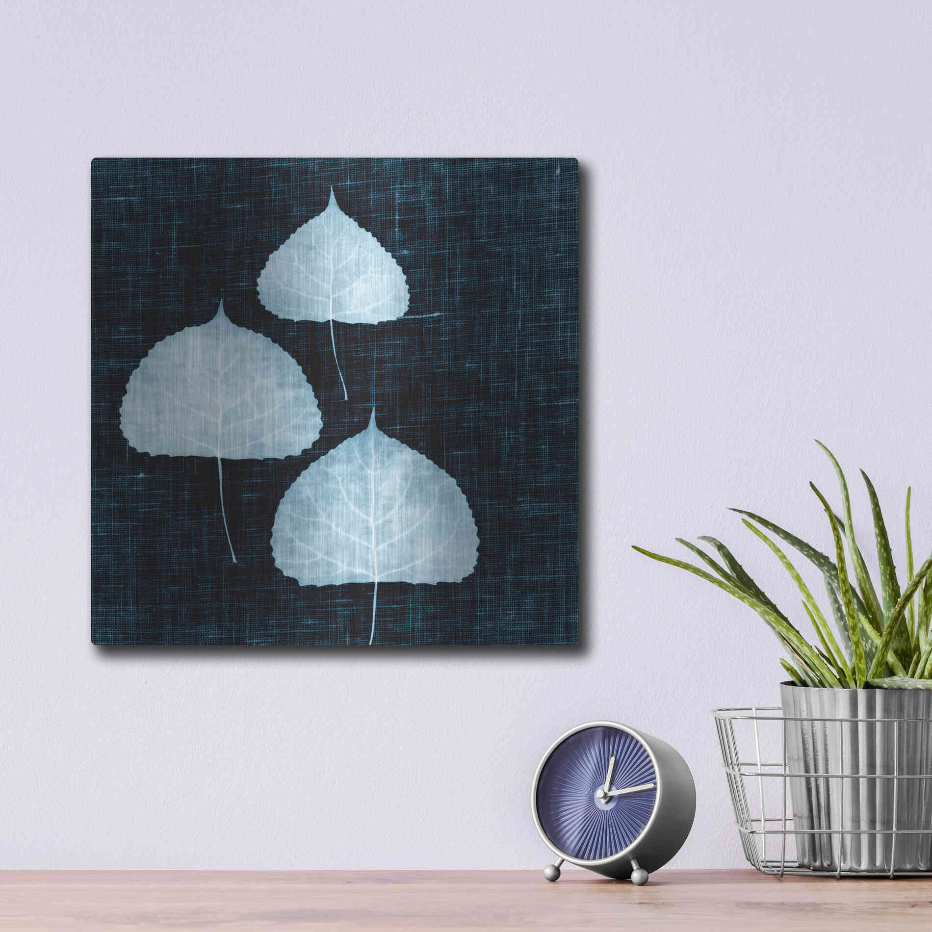 Luxe Metal Art 'Leaves on Linen III' by Debra Van Swearingen, Metal Wall Art,12x12