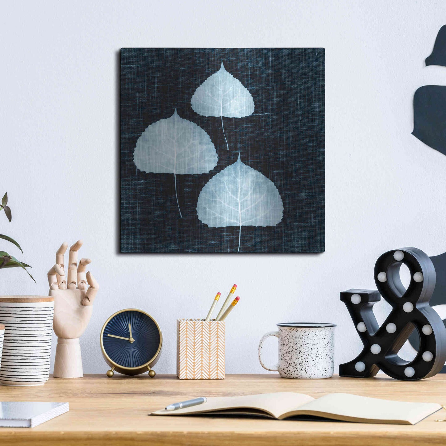 Luxe Metal Art 'Leaves on Linen III' by Debra Van Swearingen, Metal Wall Art,12x12