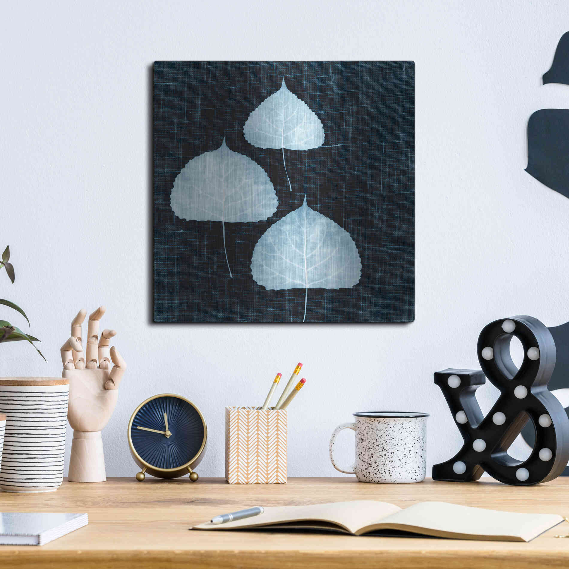 Luxe Metal Art 'Leaves on Linen III' by Debra Van Swearingen, Metal Wall Art,12x12