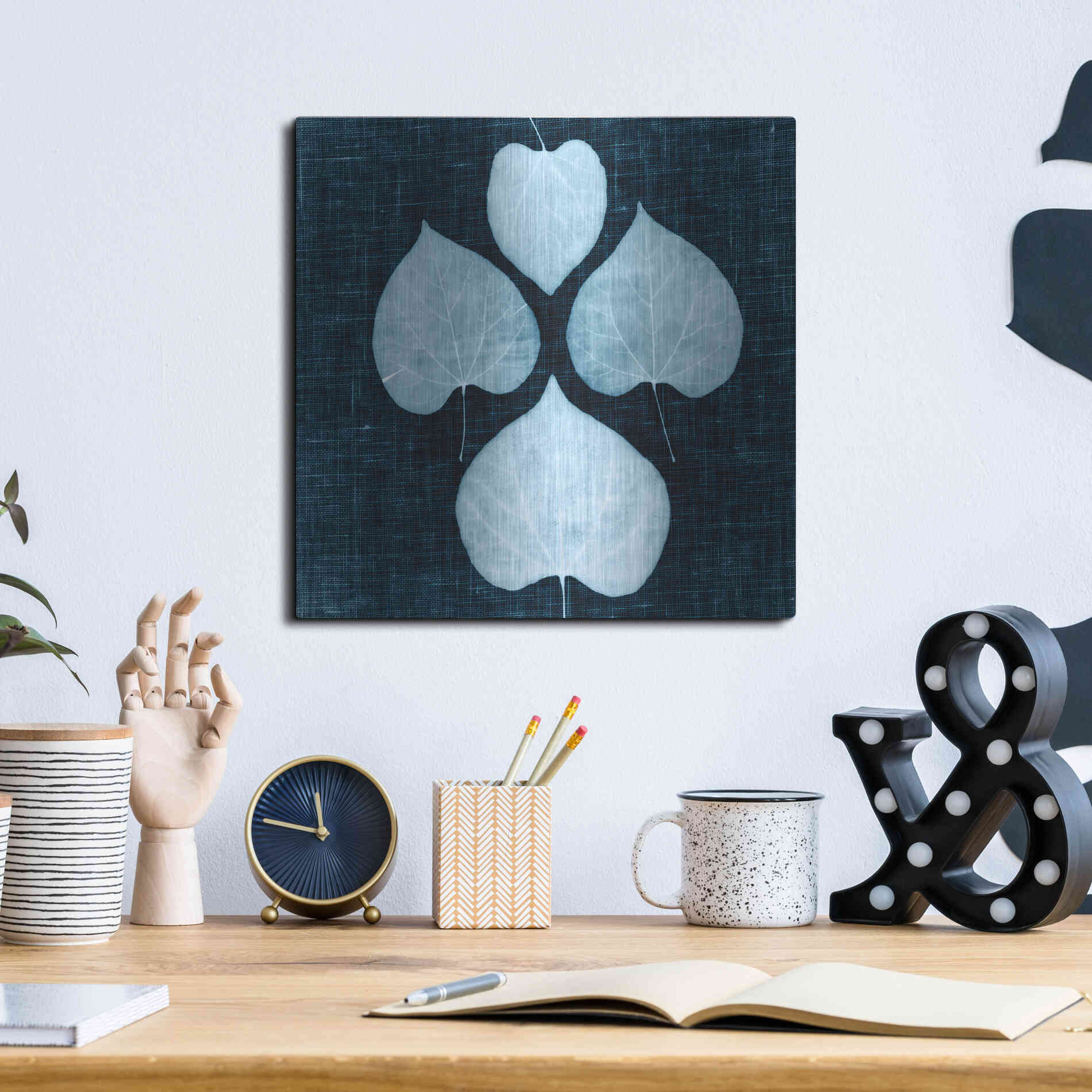 Luxe Metal Art 'Leaves on Linen IV' by Debra Van Swearingen, Metal Wall Art,12x12