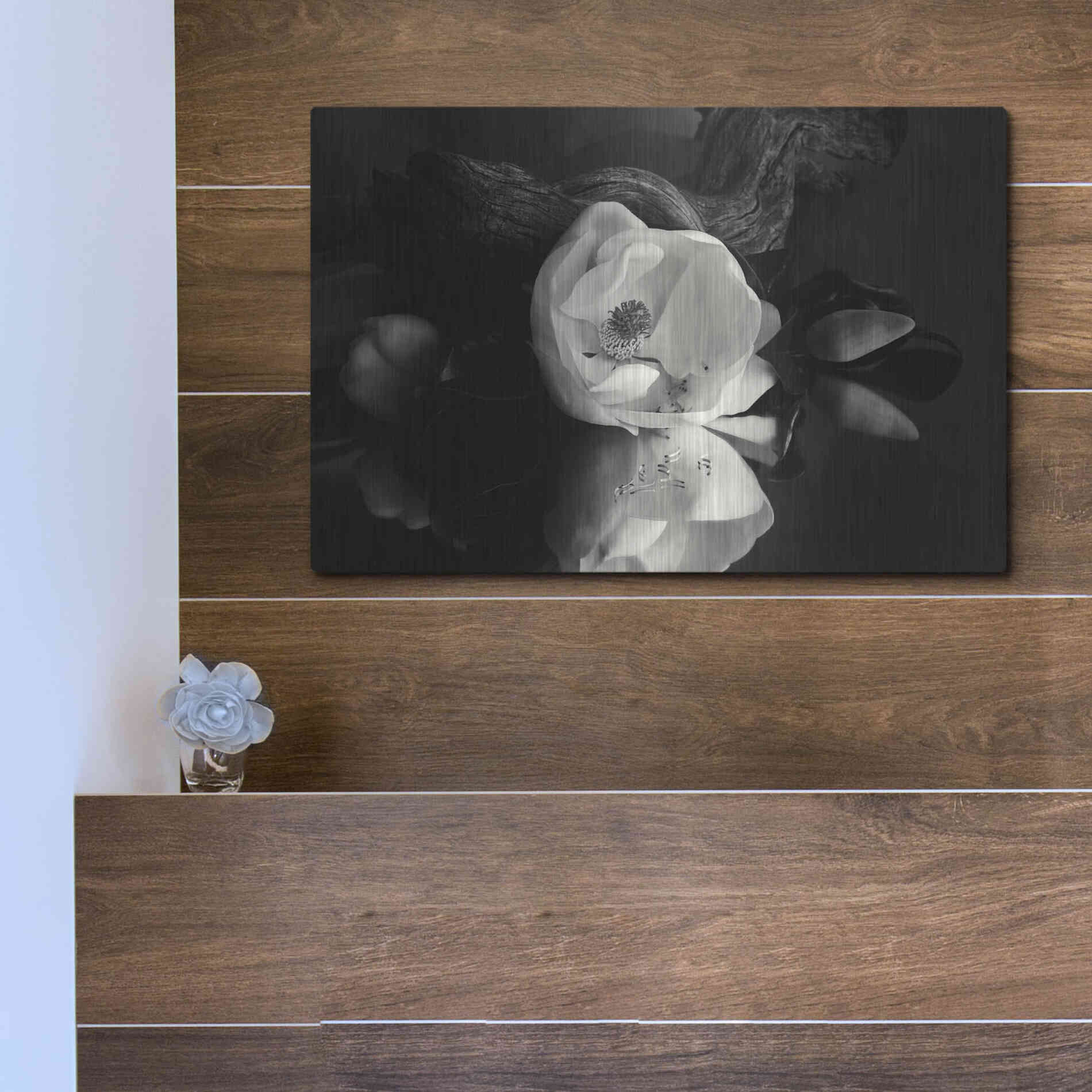 Luxe Metal Art 'Magnolia and Driftwood I' by Debra Van Swearingen, Metal Wall Art,16x12