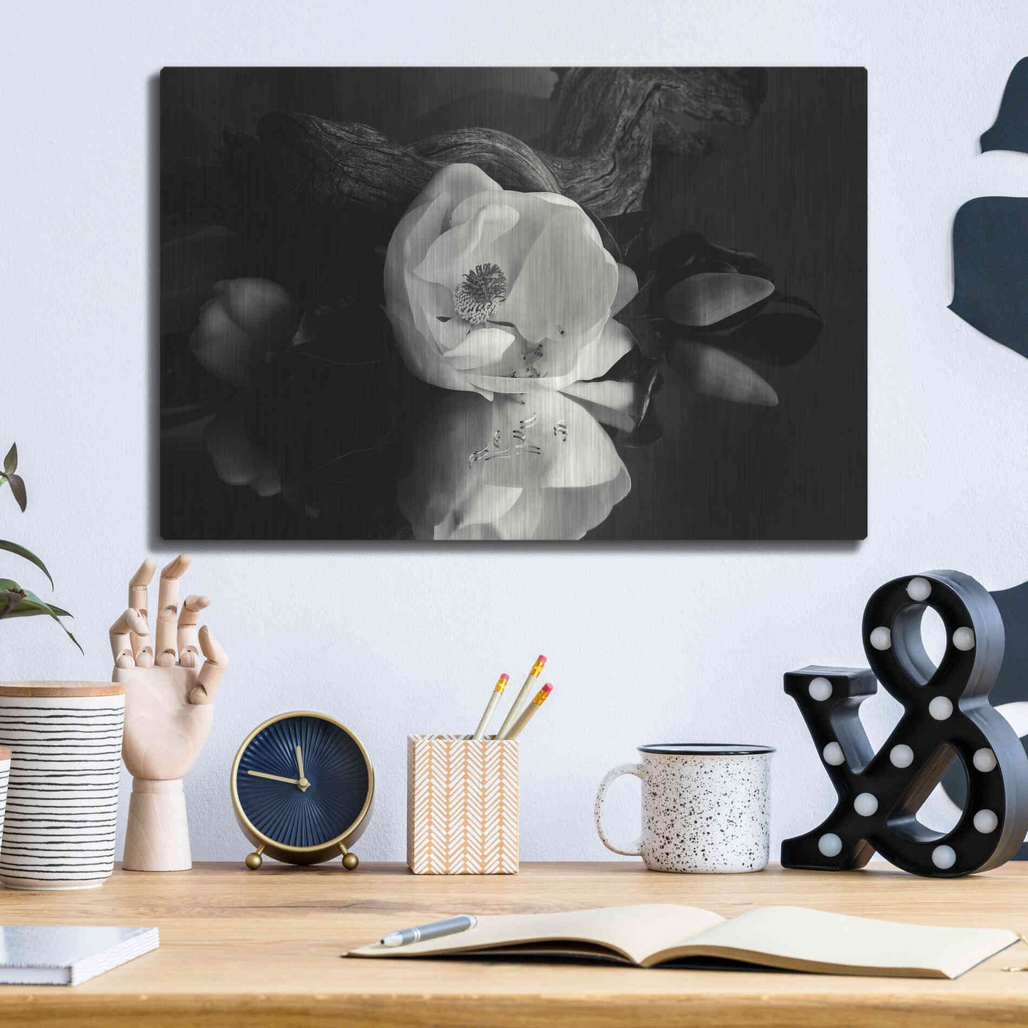 Luxe Metal Art 'Magnolia and Driftwood I' by Debra Van Swearingen, Metal Wall Art,16x12