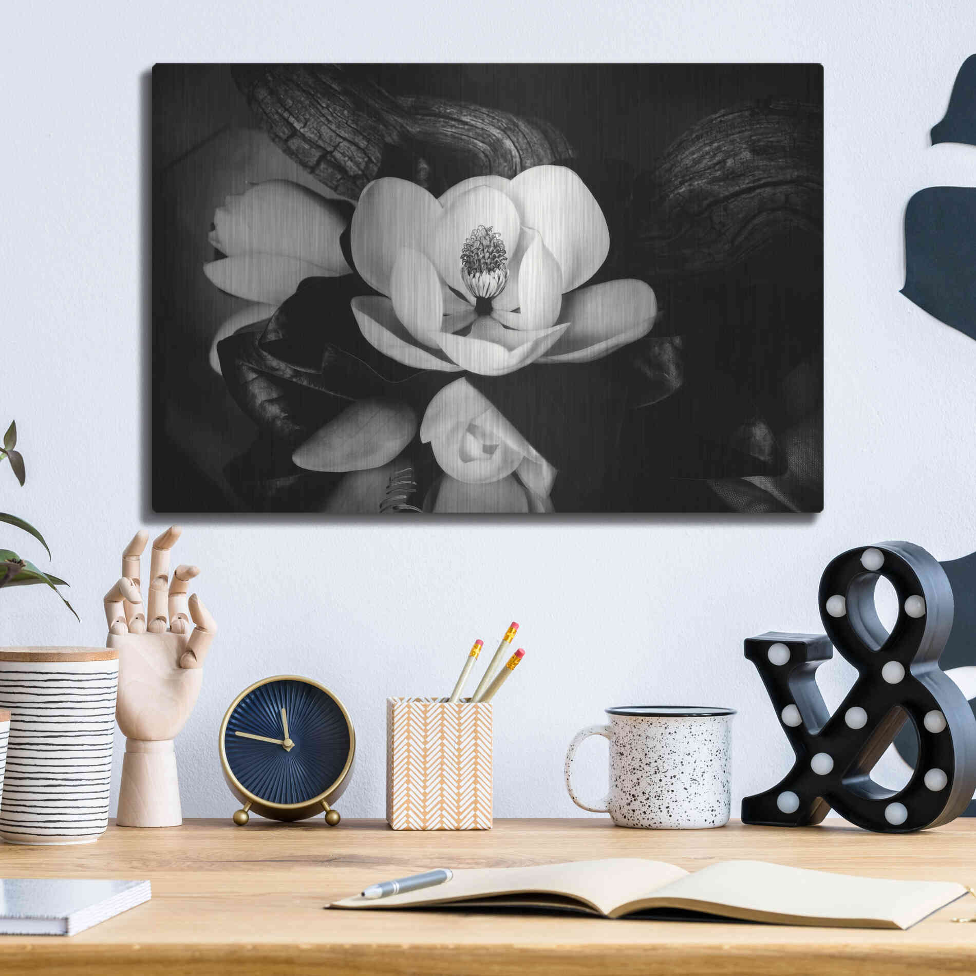 Luxe Metal Art 'Magnolia and Driftwood II' by Debra Van Swearingen, Metal Wall Art,16x12