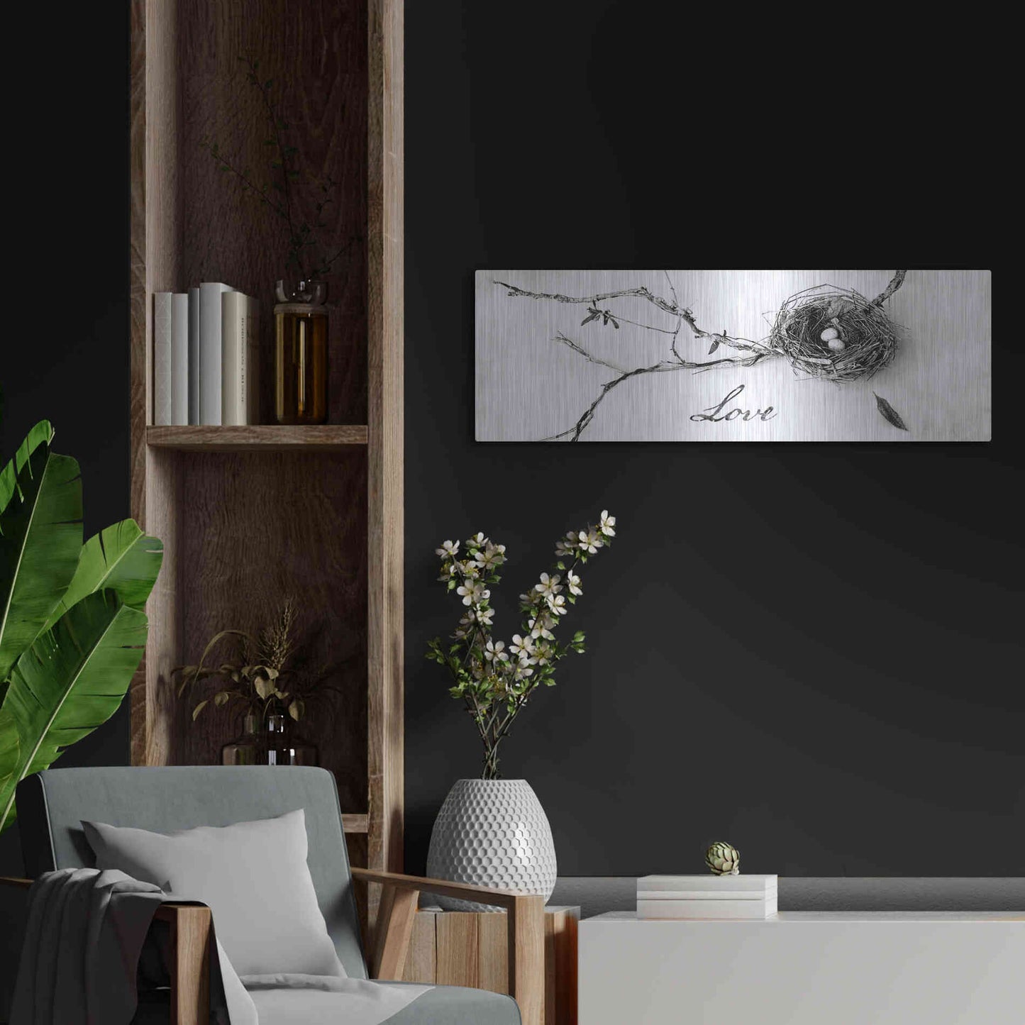 Luxe Metal Art 'Nest and Branch Love' by Debra Van Swearingen, Metal Wall Art,36x12