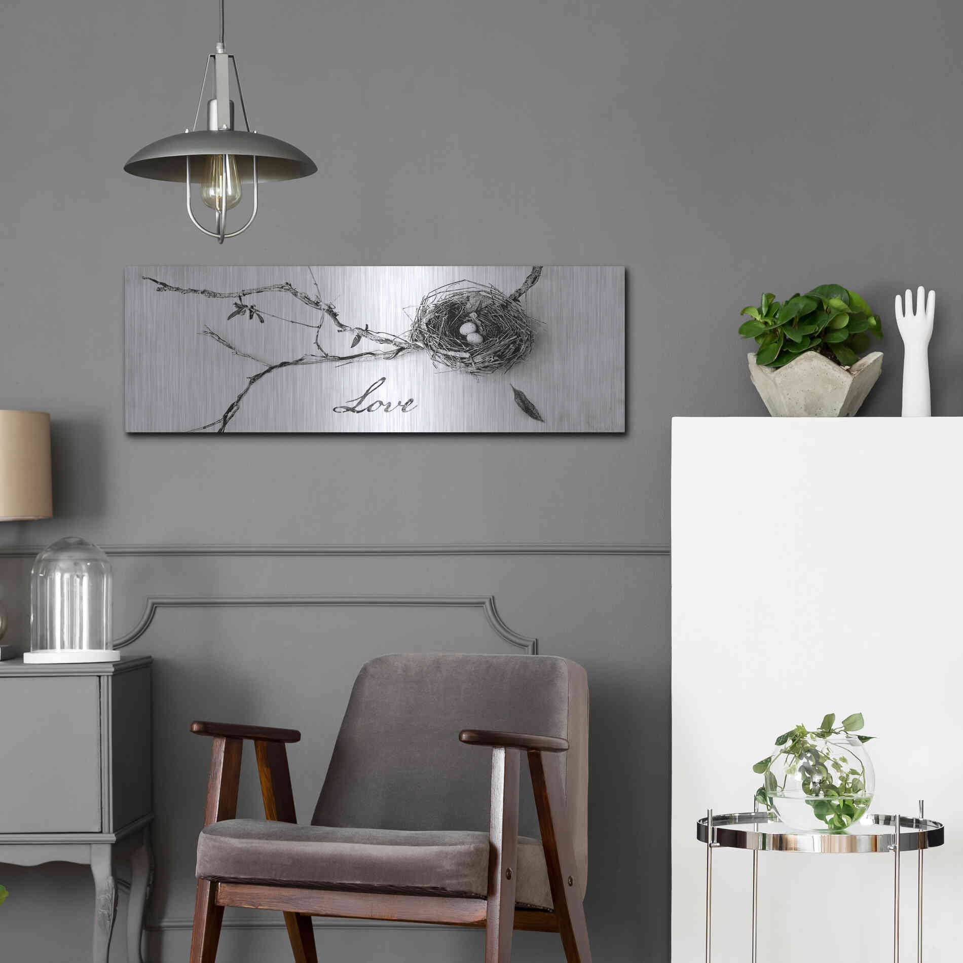 Luxe Metal Art 'Nest and Branch Love' by Debra Van Swearingen, Metal Wall Art,36x12