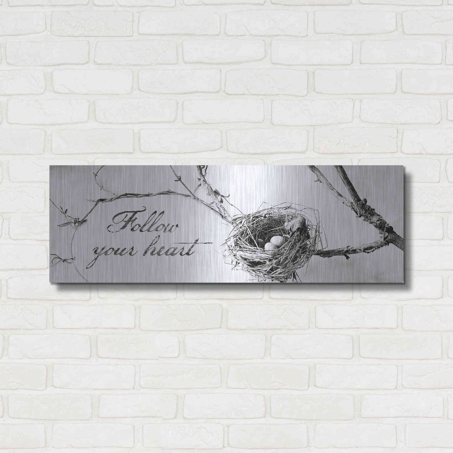 Luxe Metal Art 'Nest and Branch Follow Your Heart' by Debra Van Swearingen, Metal Wall Art,36x12