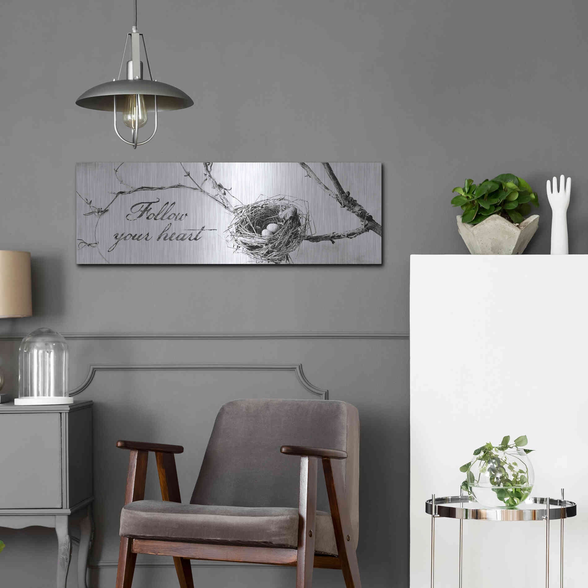 Luxe Metal Art 'Nest and Branch Follow Your Heart' by Debra Van Swearingen, Metal Wall Art,36x12