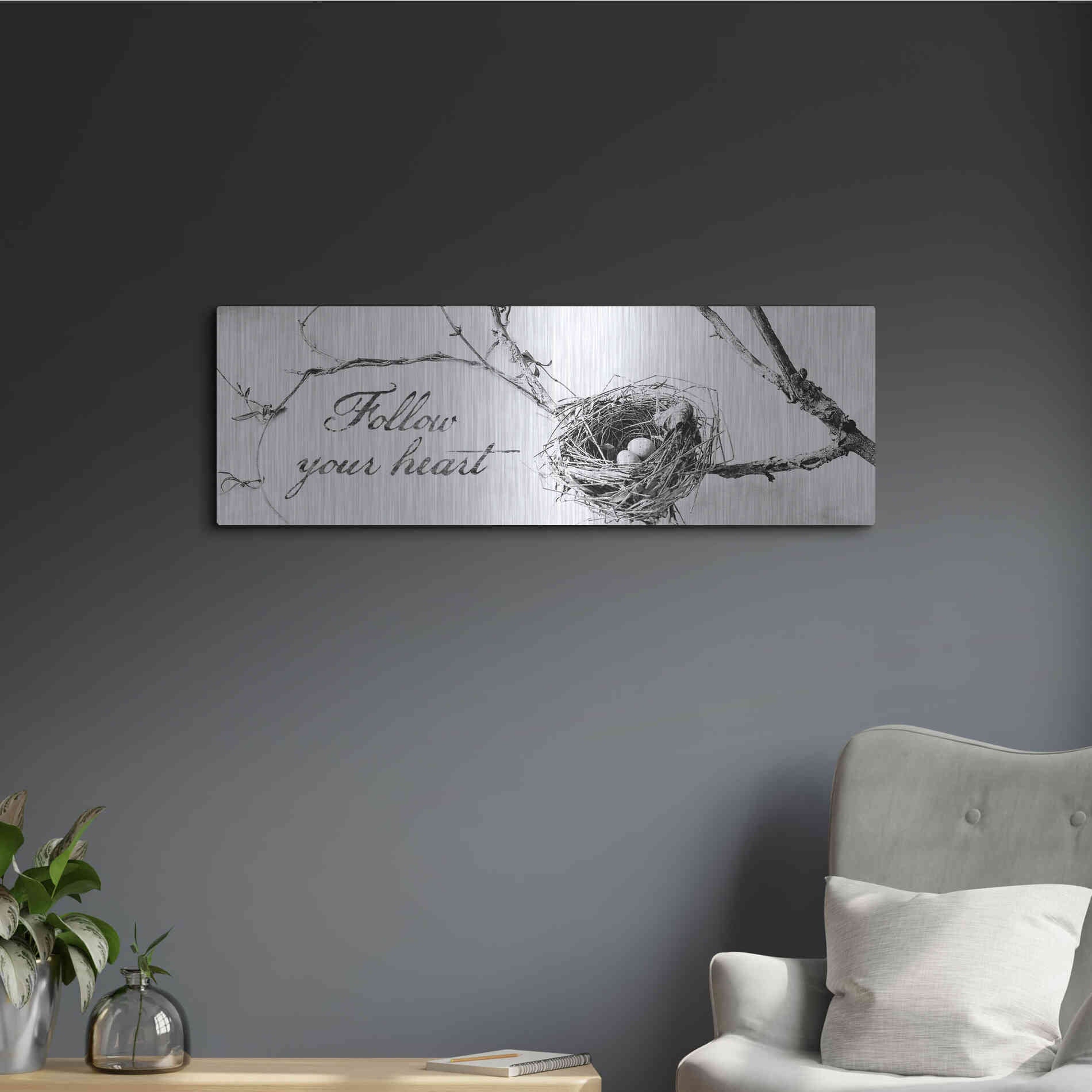 Luxe Metal Art 'Nest and Branch Follow Your Heart' by Debra Van Swearingen, Metal Wall Art,36x12