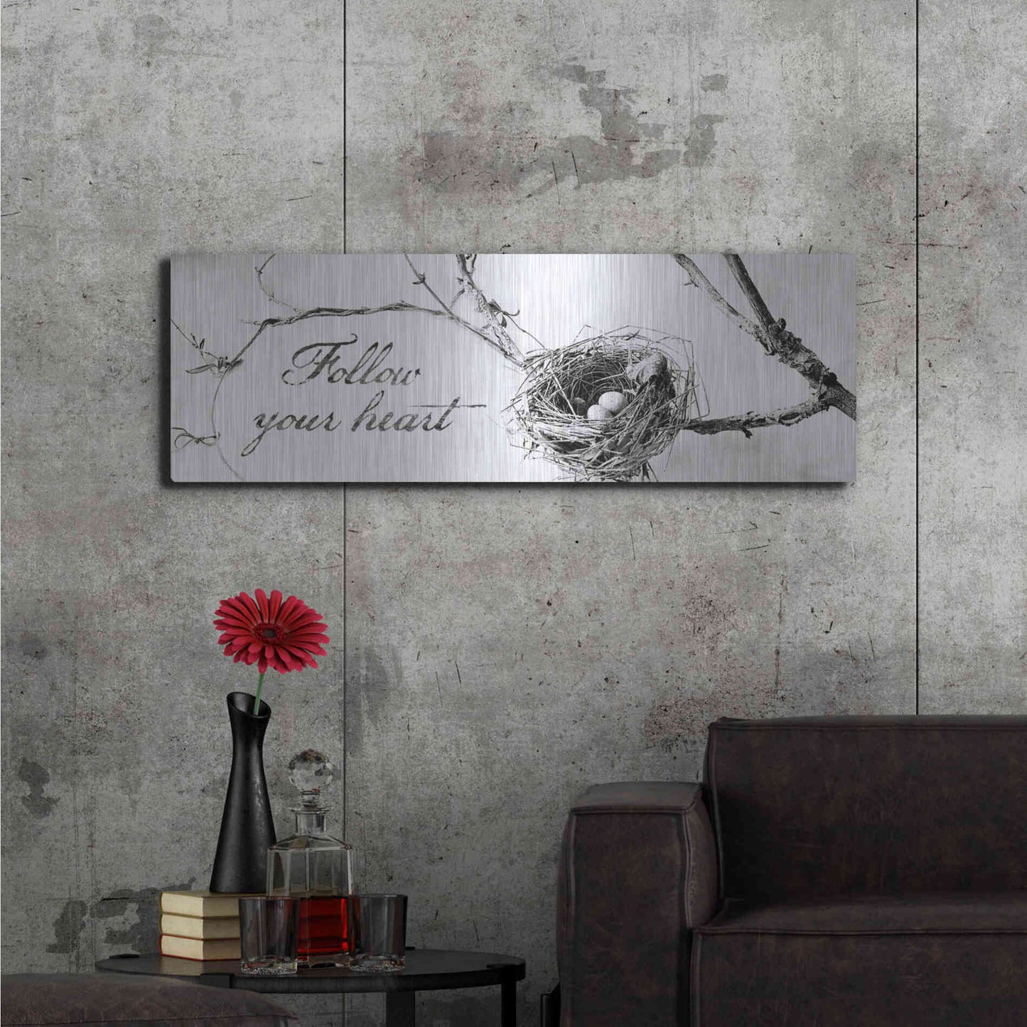 Luxe Metal Art 'Nest and Branch Follow Your Heart' by Debra Van Swearingen, Metal Wall Art,48x16