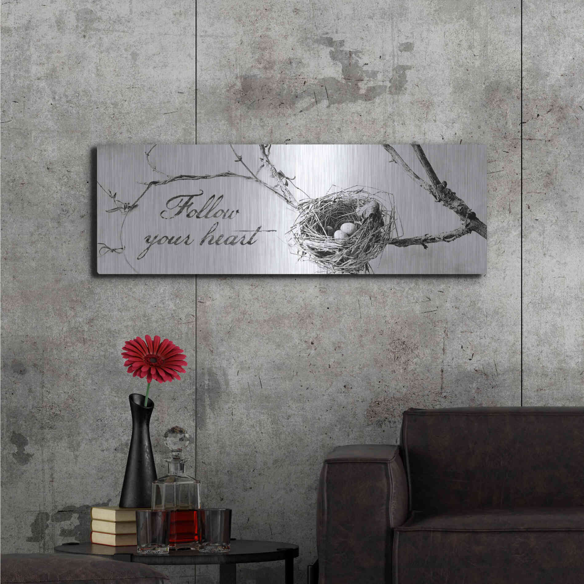 Luxe Metal Art 'Nest and Branch Follow Your Heart' by Debra Van Swearingen, Metal Wall Art,48x16