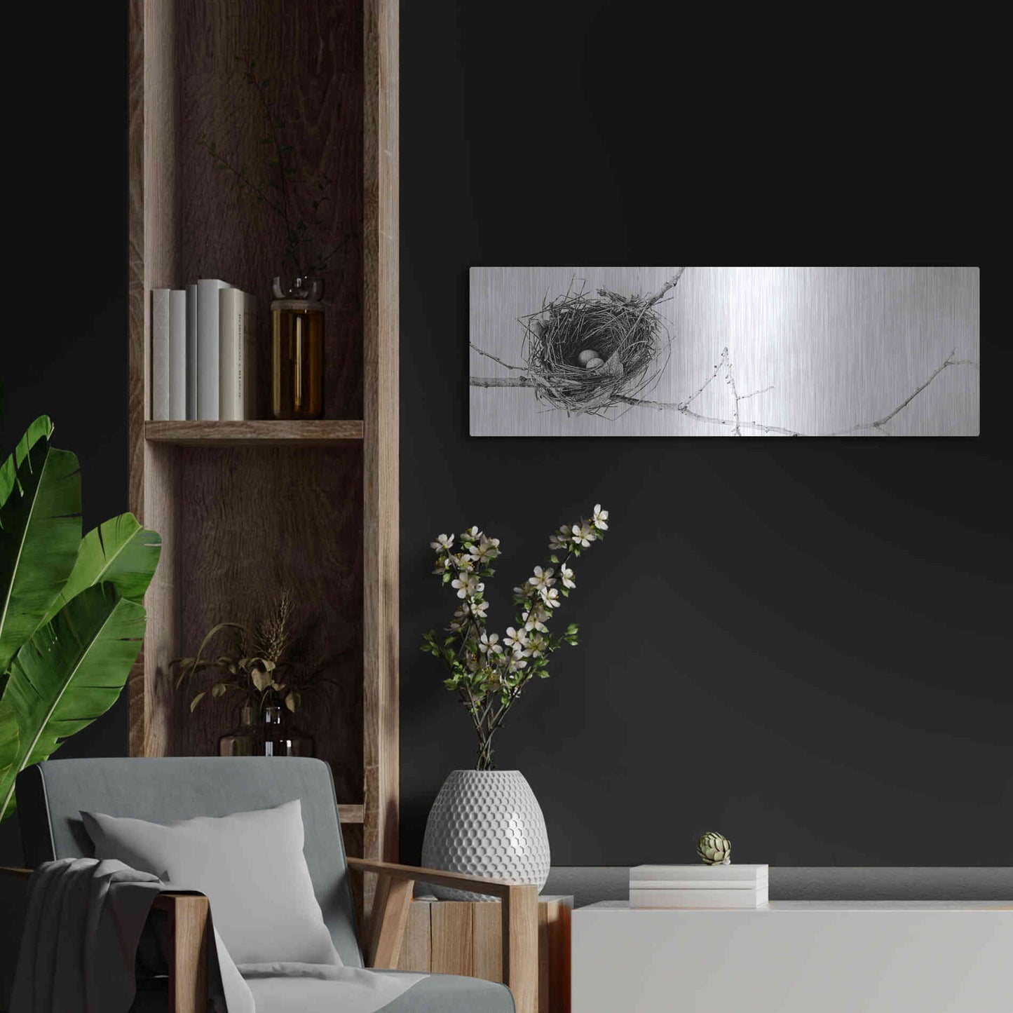 Luxe Metal Art 'Nest and Branch I Pano' by Debra Van Swearingen, Metal Wall Art,36x12