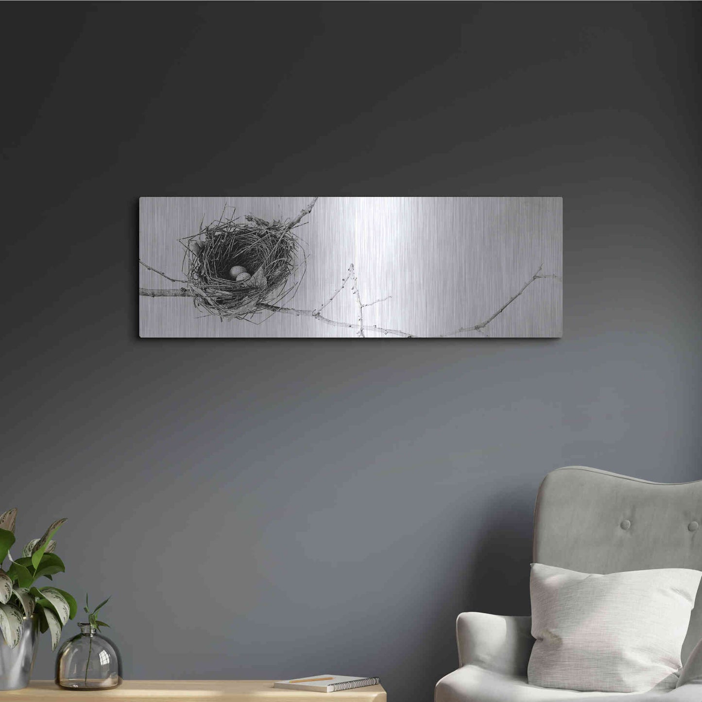 Luxe Metal Art 'Nest and Branch I Pano' by Debra Van Swearingen, Metal Wall Art,36x12