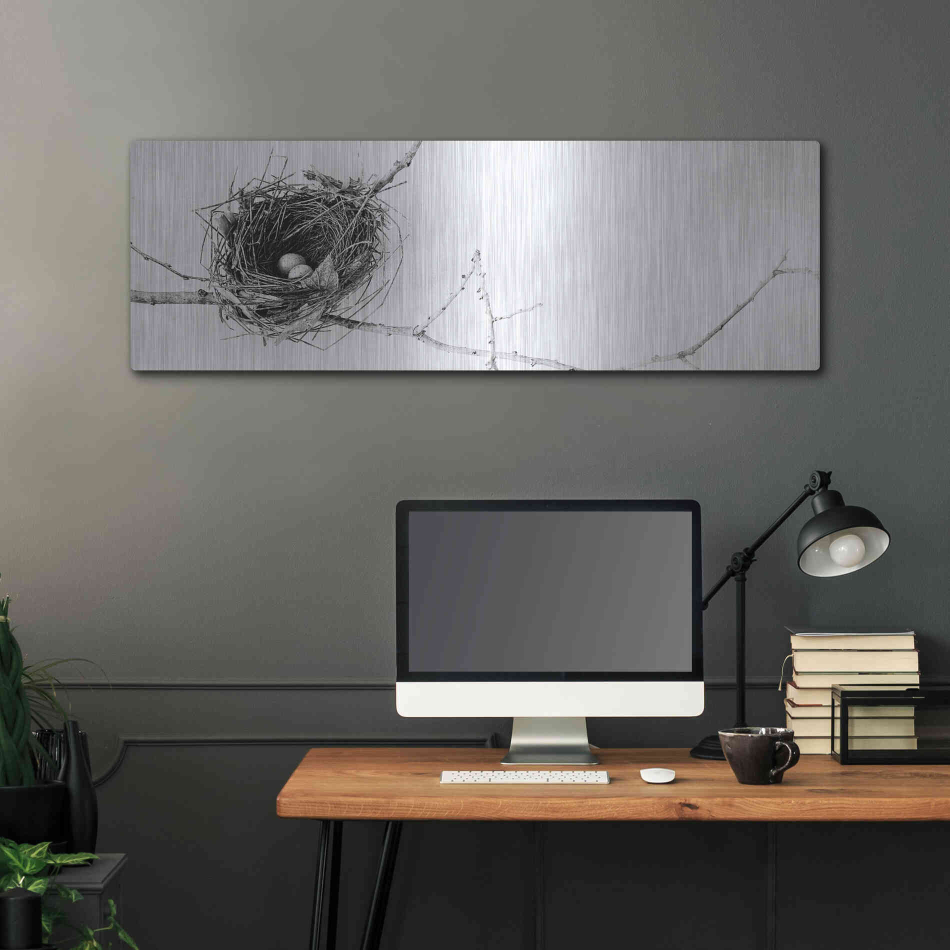 Luxe Metal Art 'Nest and Branch I Pano' by Debra Van Swearingen, Metal Wall Art,48x16