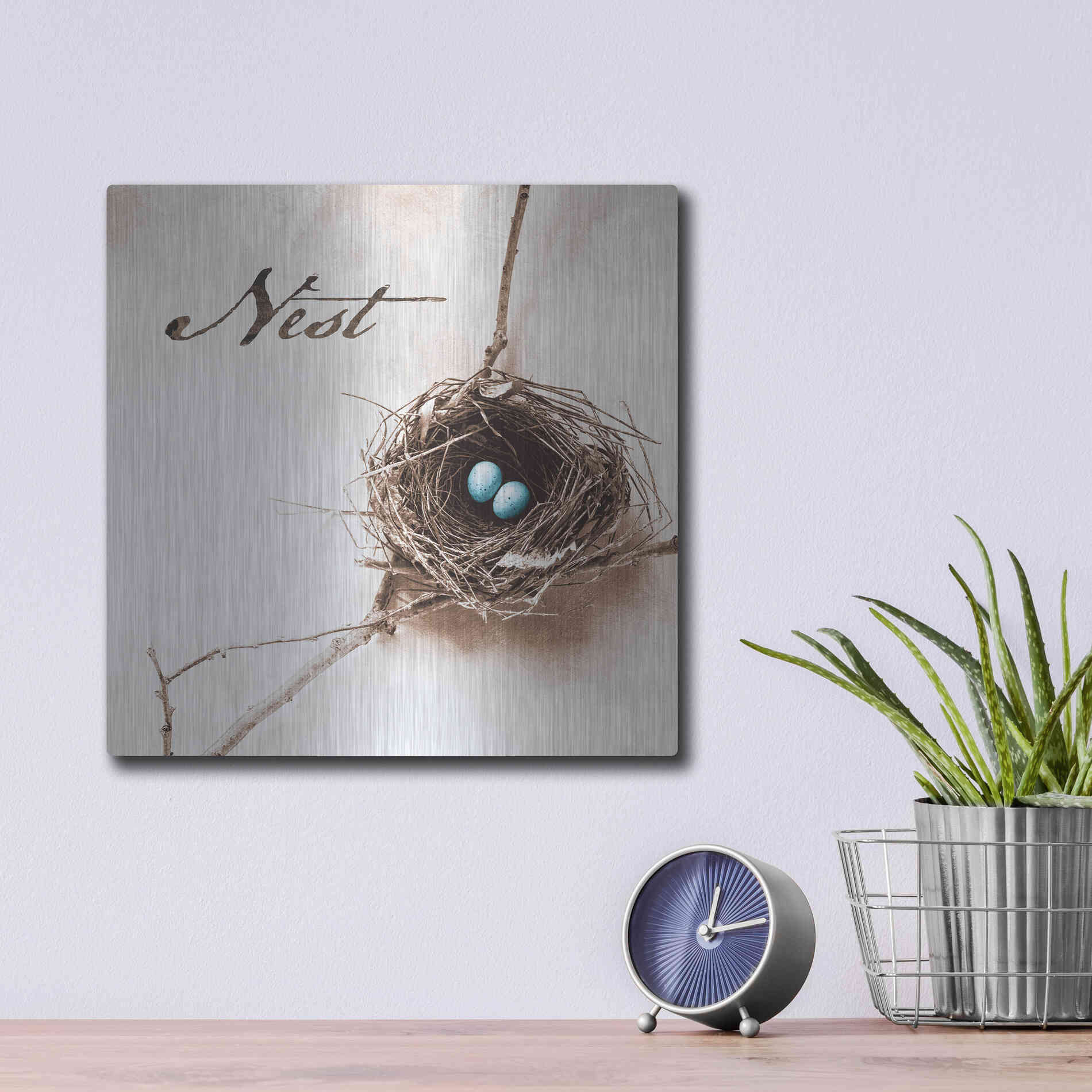 Luxe Metal Art 'Nest and Branch IV - Nest' by Debra Van Swearingen, Metal Wall Art,12x12
