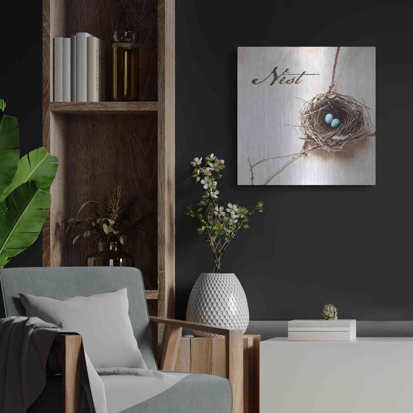 Luxe Metal Art 'Nest and Branch IV - Nest' by Debra Van Swearingen, Metal Wall Art,24x24