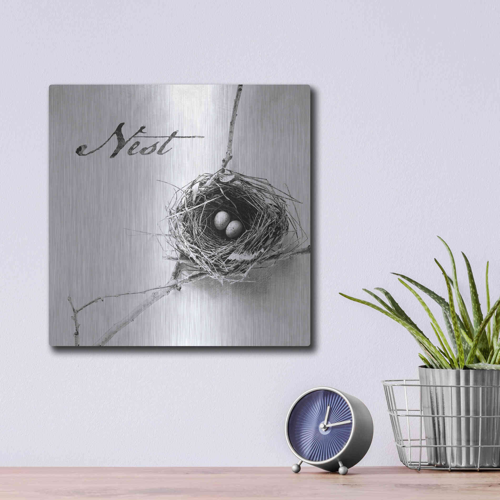 Luxe Metal Art 'Nest and Branch IV - Nest B&W' by Debra Van Swearingen, Metal Wall Art,12x12