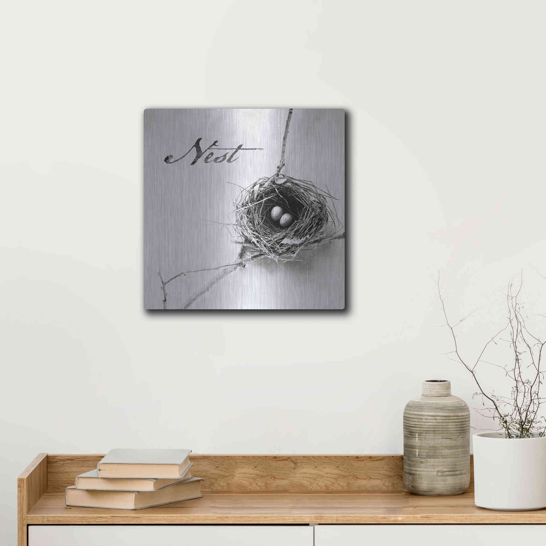 Luxe Metal Art 'Nest and Branch IV - Nest B&W' by Debra Van Swearingen, Metal Wall Art,12x12