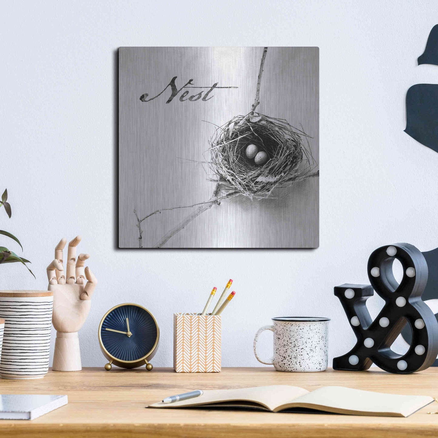 Luxe Metal Art 'Nest and Branch IV - Nest B&W' by Debra Van Swearingen, Metal Wall Art,12x12