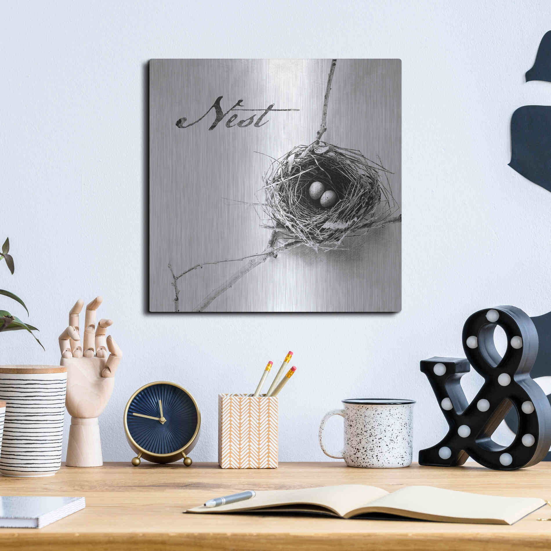 Luxe Metal Art 'Nest and Branch IV - Nest B&W' by Debra Van Swearingen, Metal Wall Art,12x12