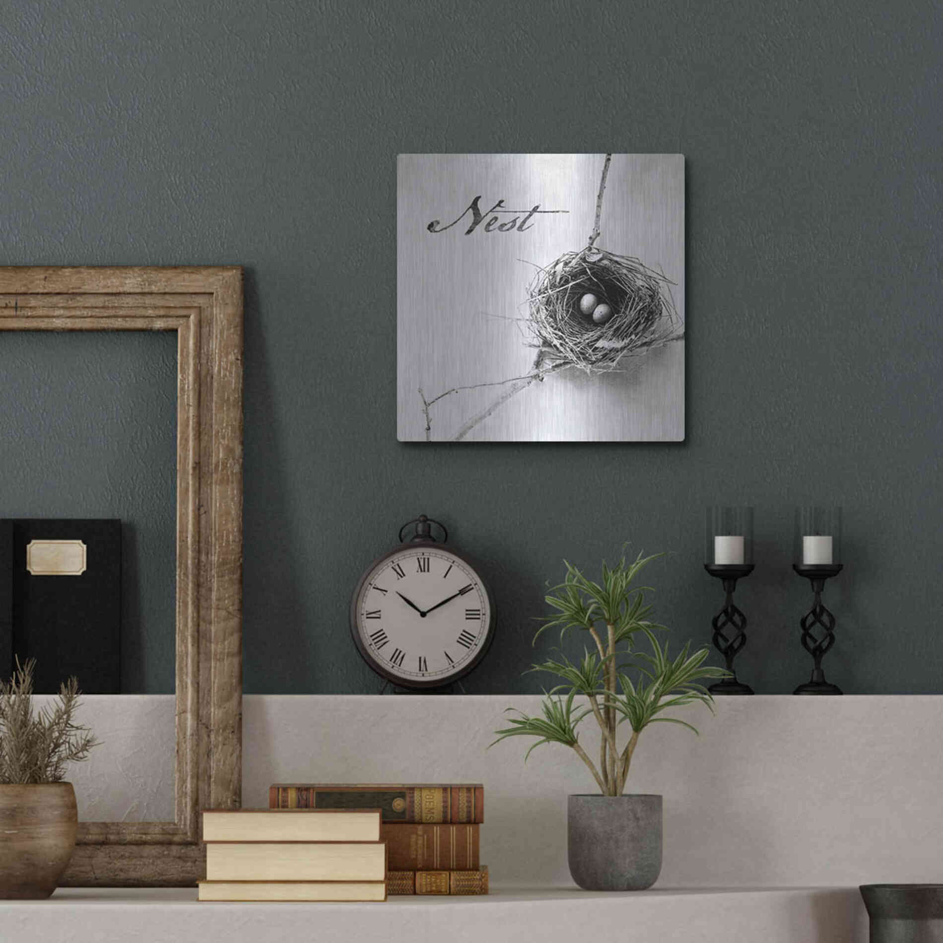 Luxe Metal Art 'Nest and Branch IV - Nest B&W' by Debra Van Swearingen, Metal Wall Art,12x12